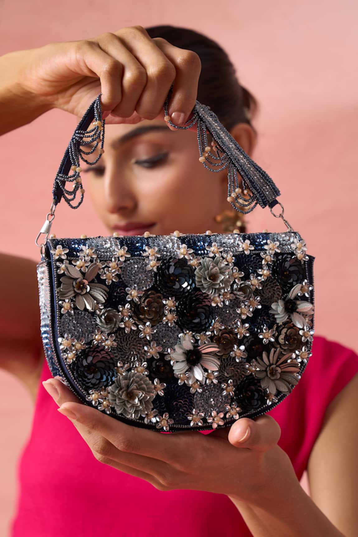 The Purple Sack Floral Sequin & Bead Embellished Clutch