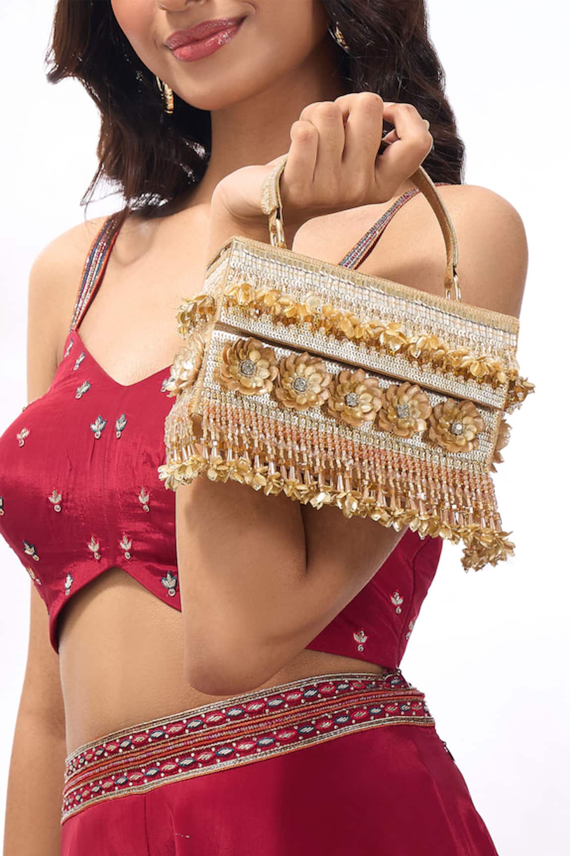 The Purple Sack Floral & Tassel Embellished Raw Silk Bag