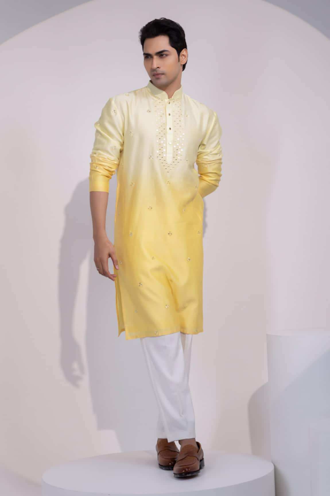 Yoseba Peeli Raag Mirror Work & Thread Embroidered Kurta Set