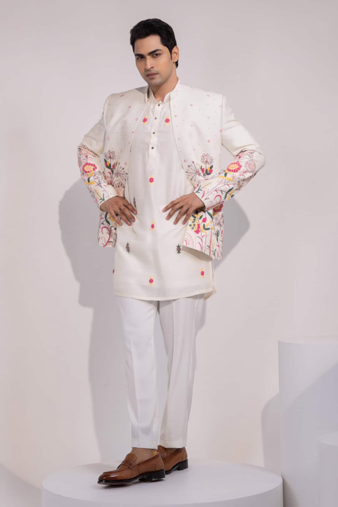 Yoseba Ivory Gulzar Gulzar Floral Embroidered Jacket Kurta Set