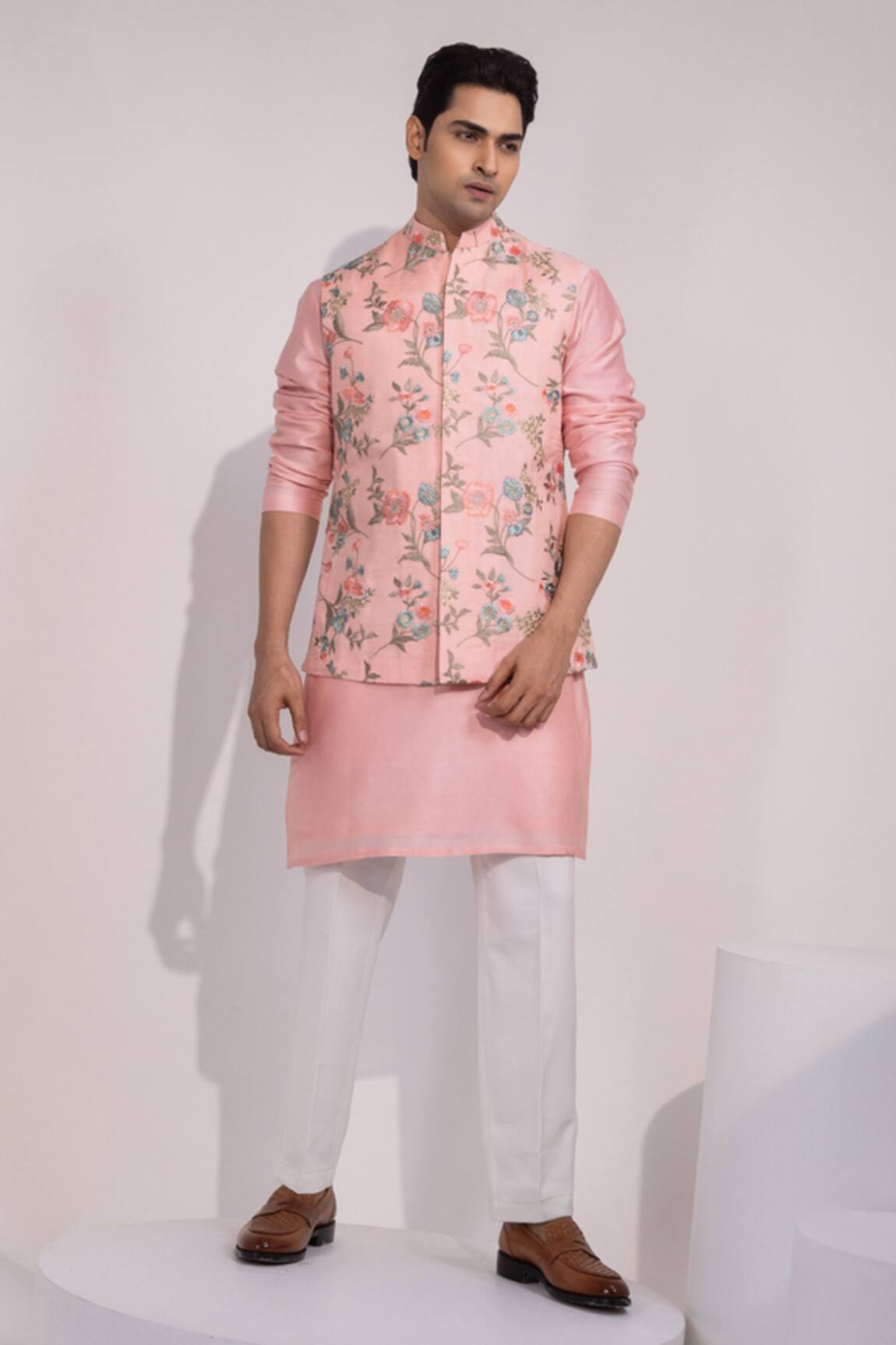 Yoseba Pink Floral Floral Embroidered Nehru Jacket & Kurta Set