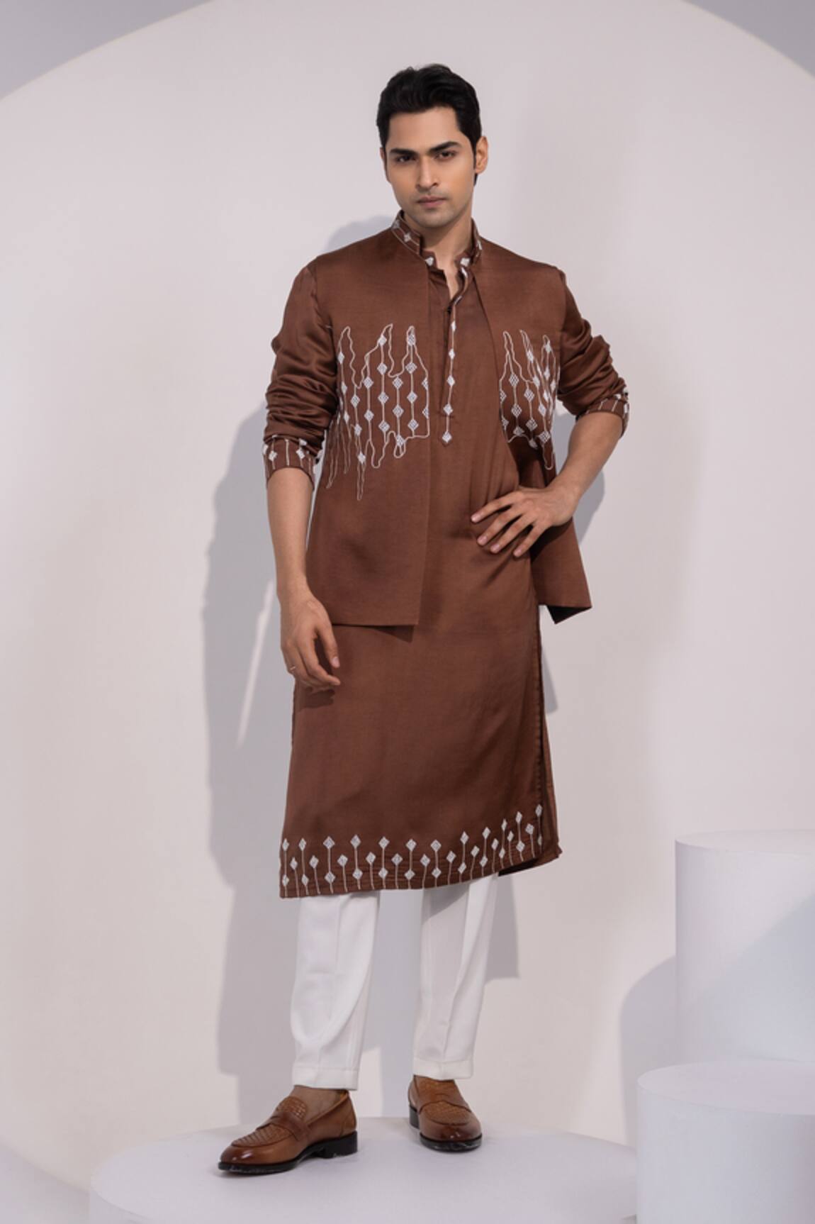 Yoseba Brown Geometric Geometric Embroidered Nehru Jacket Set