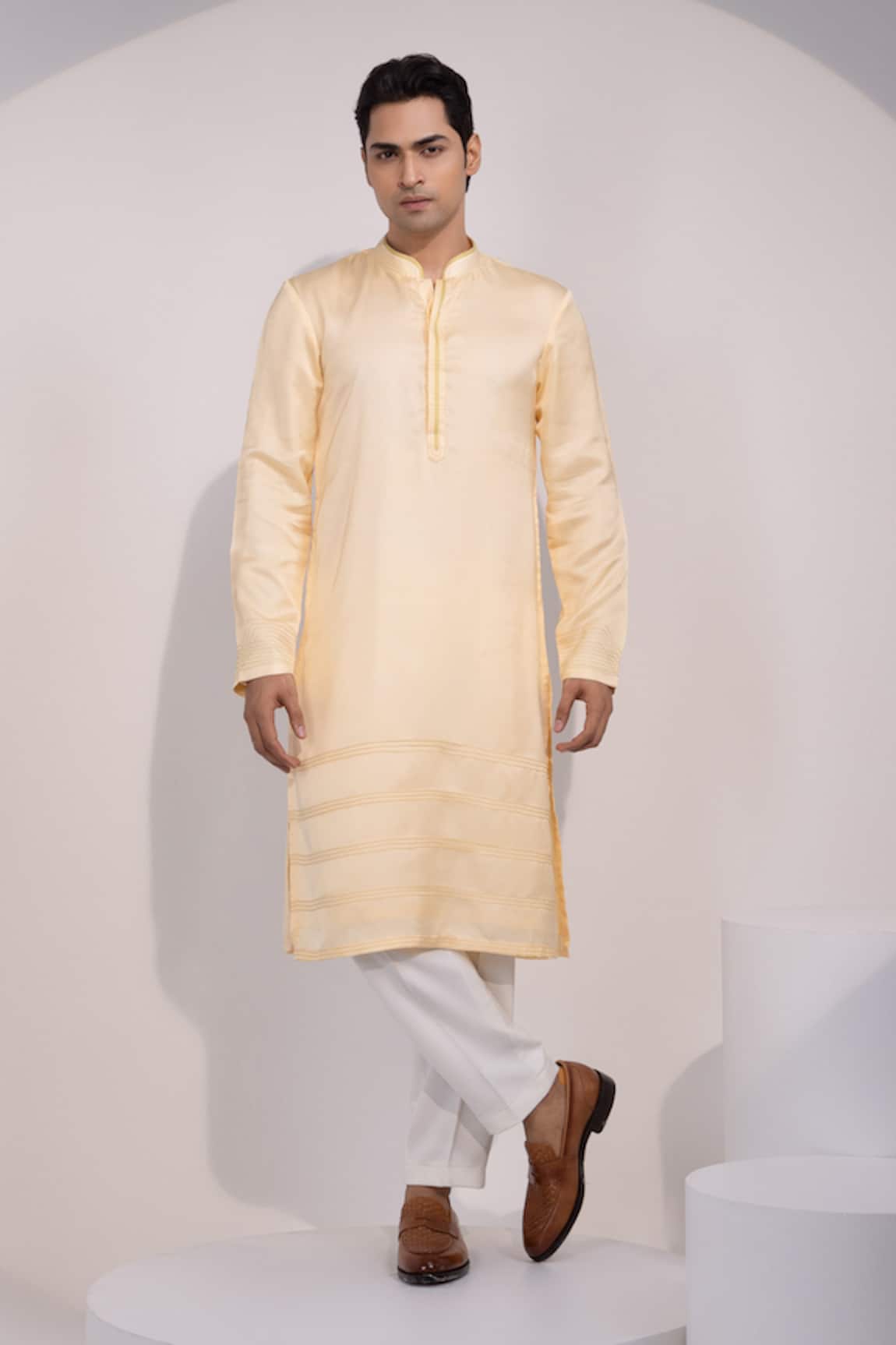 Yoseba Pastel Yellow Linen Satin Stitched Detail Kurta Pyjama Set