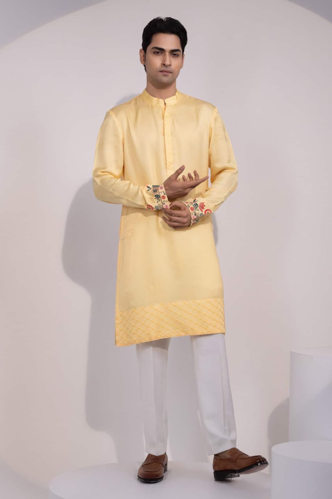 Yoseba Pastel Yellow Embroidered Cuff & Hem Kurta Pyjama Set