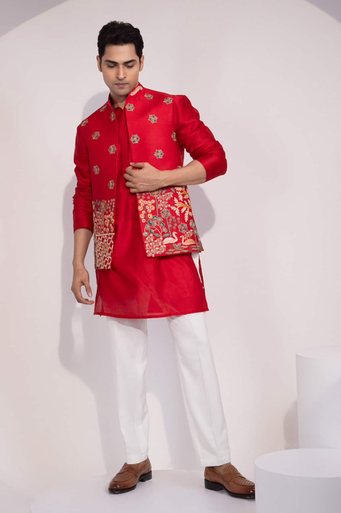Yoseba Meher Laal Chanderi Embroidered Nehru Jacket Set