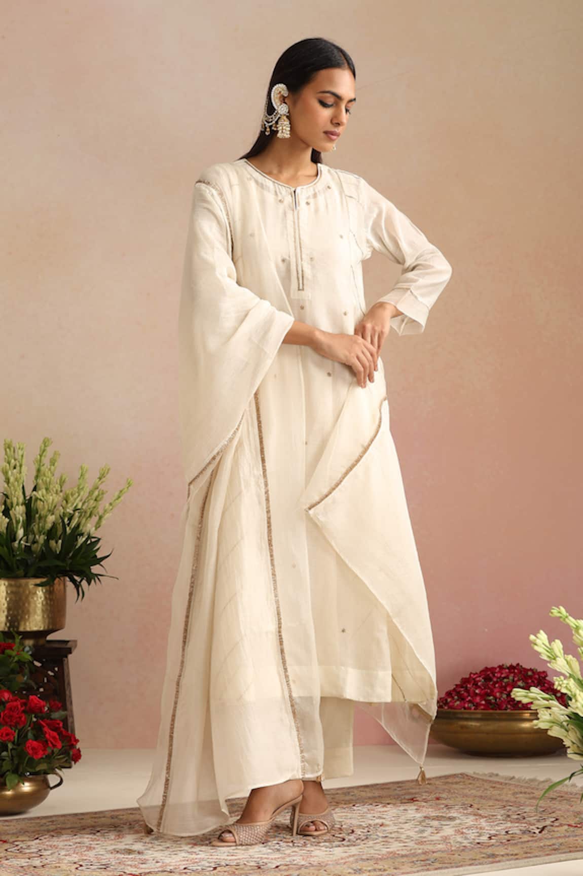 Trendy Tokari Silk Chanderi Hand Embroidered Kurta Set 
