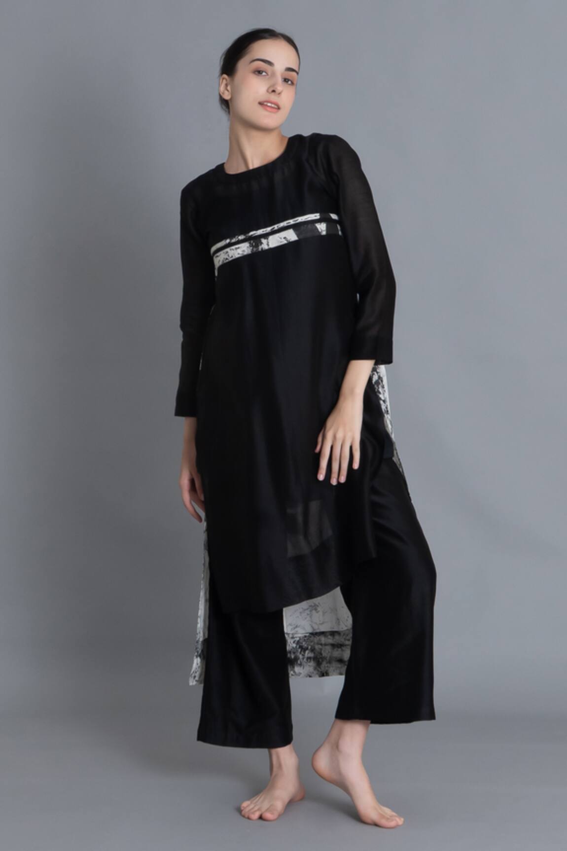 Khat Black Textured Pleated Kurta & Pant Set