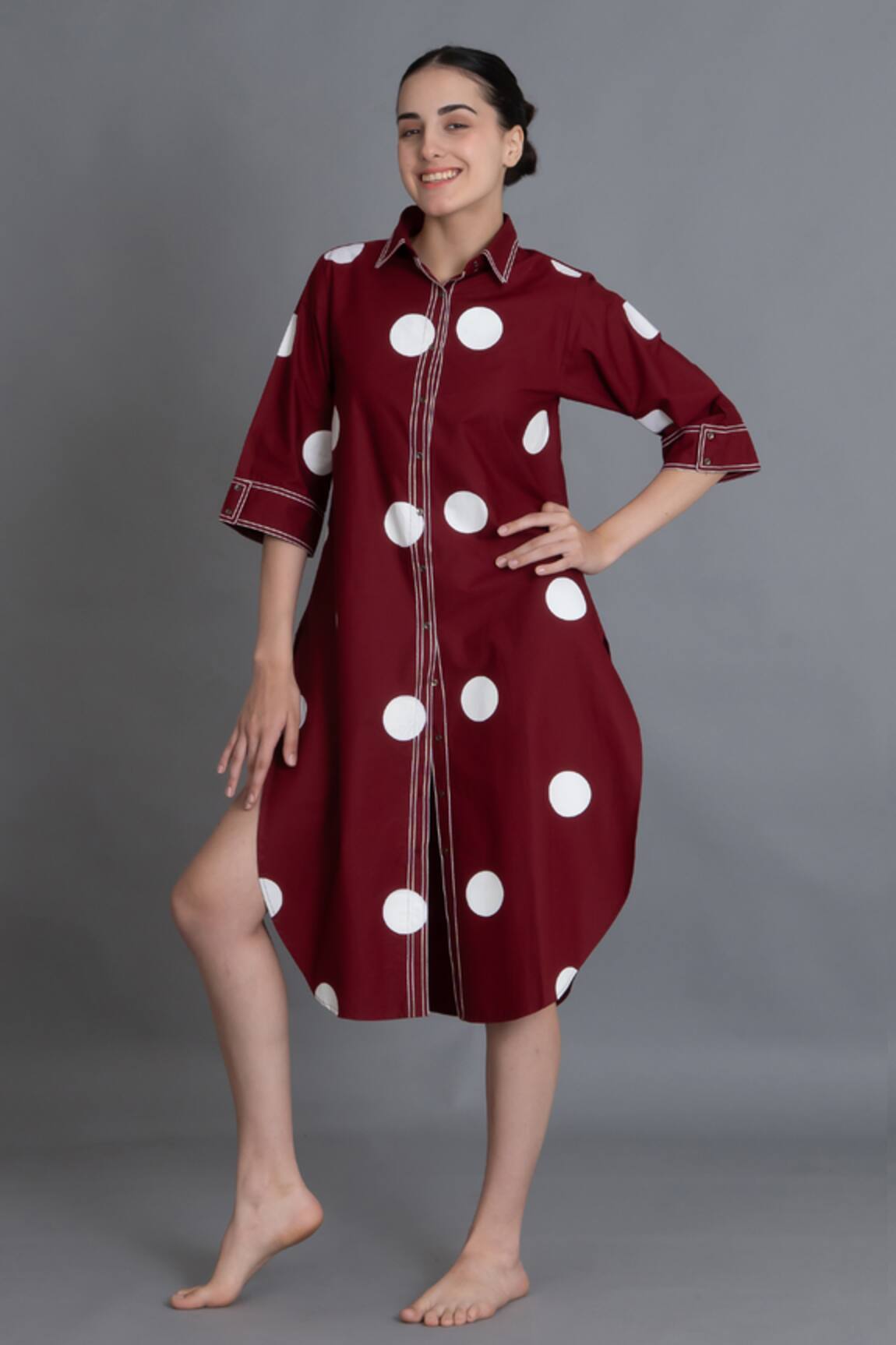 Khat Crimson Embroidered Polka Shirt Dress