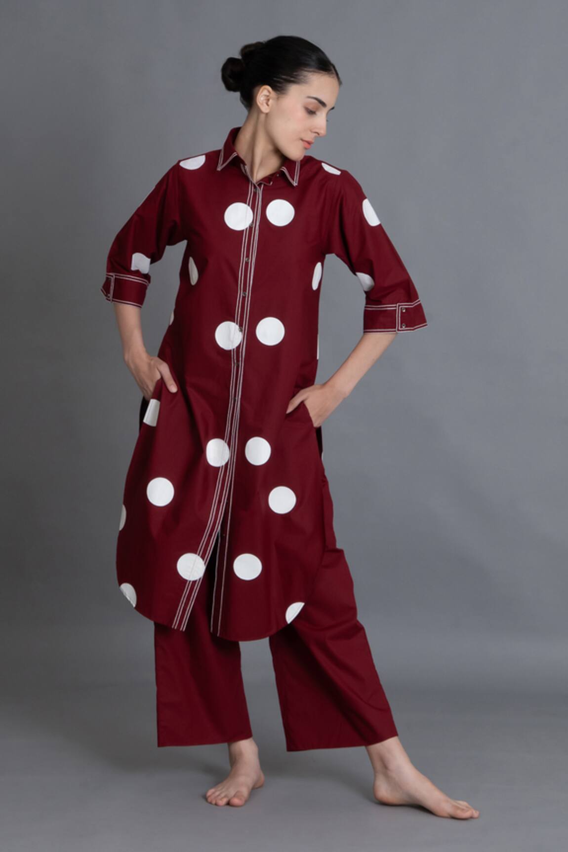Khat Crimson Embroidered Polka Shirt Kurta & Pant Set