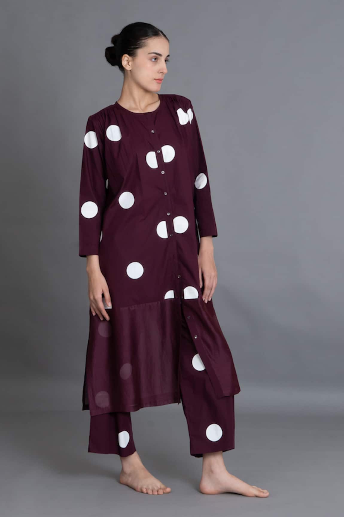 Khat Maroon Polka Chanderi Gathered Kurta & Pant Set