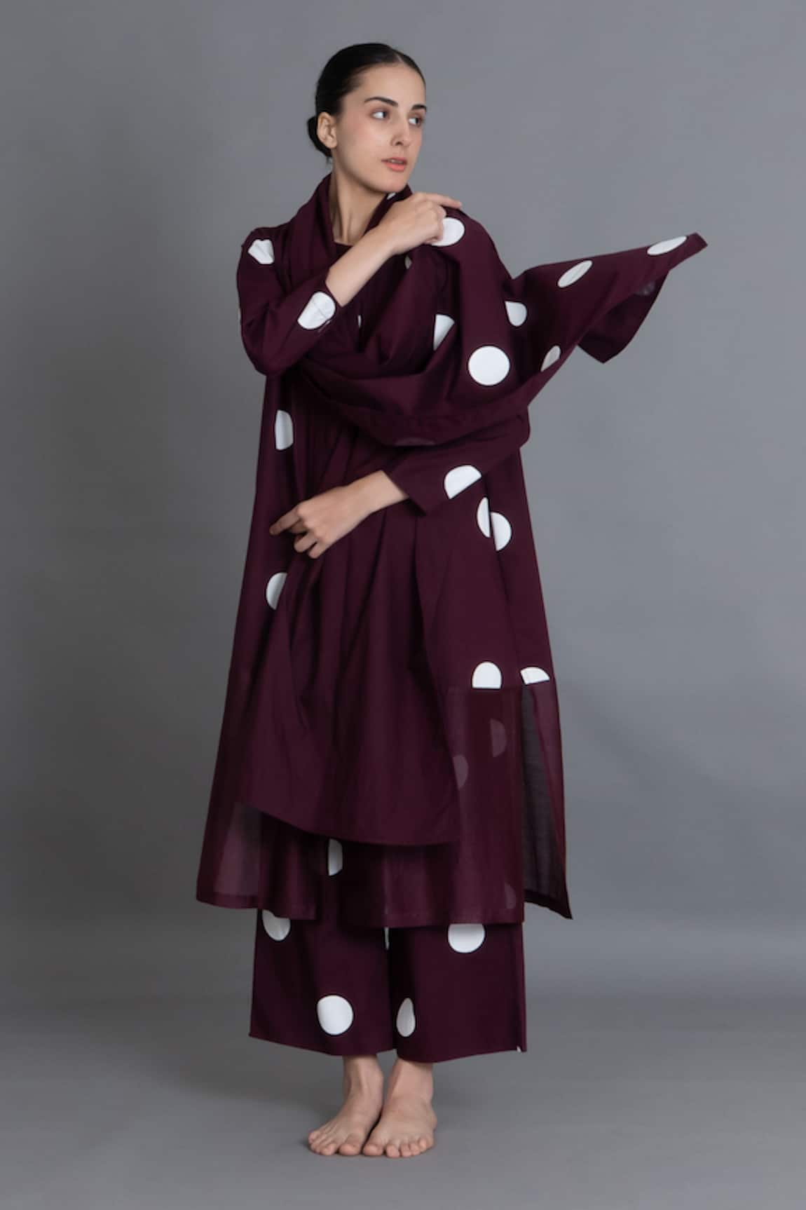 Khat Maroon Polka Chanderi Gathered Kurta & Pant Set