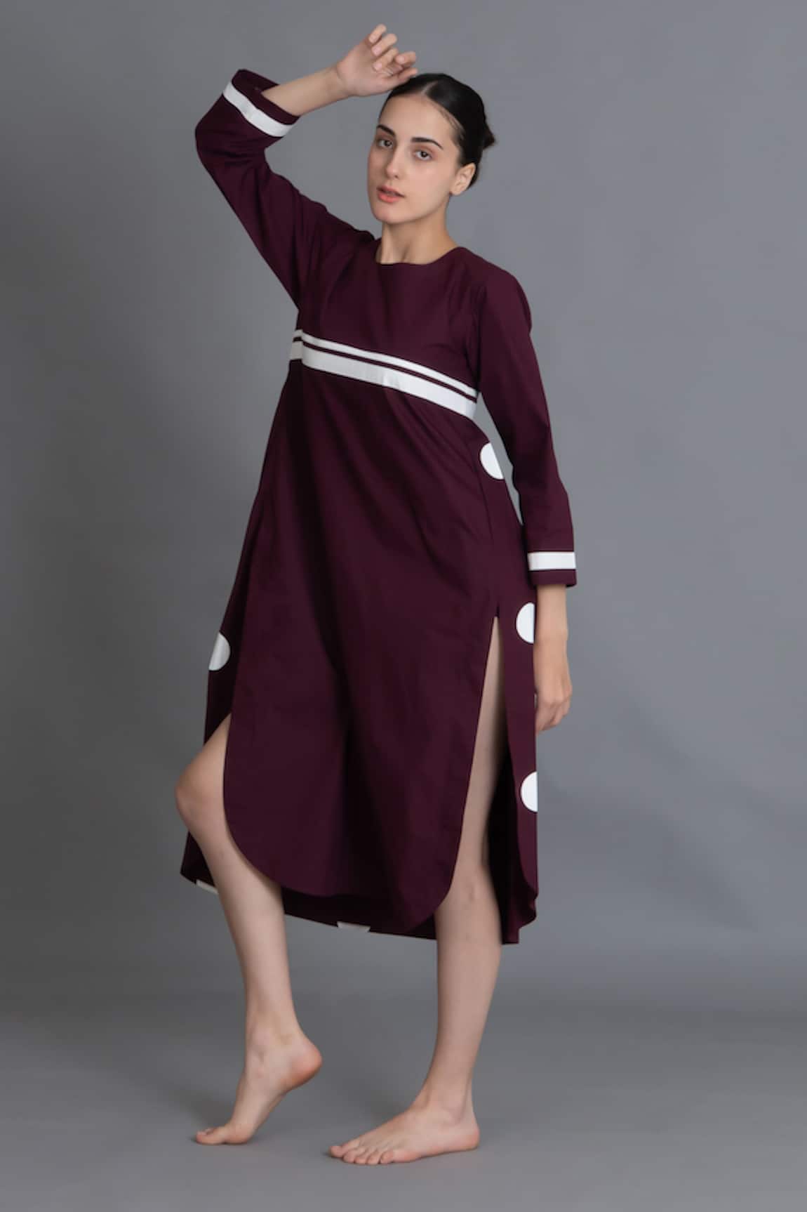 Khat Maroon Polka Pleated Back Dress