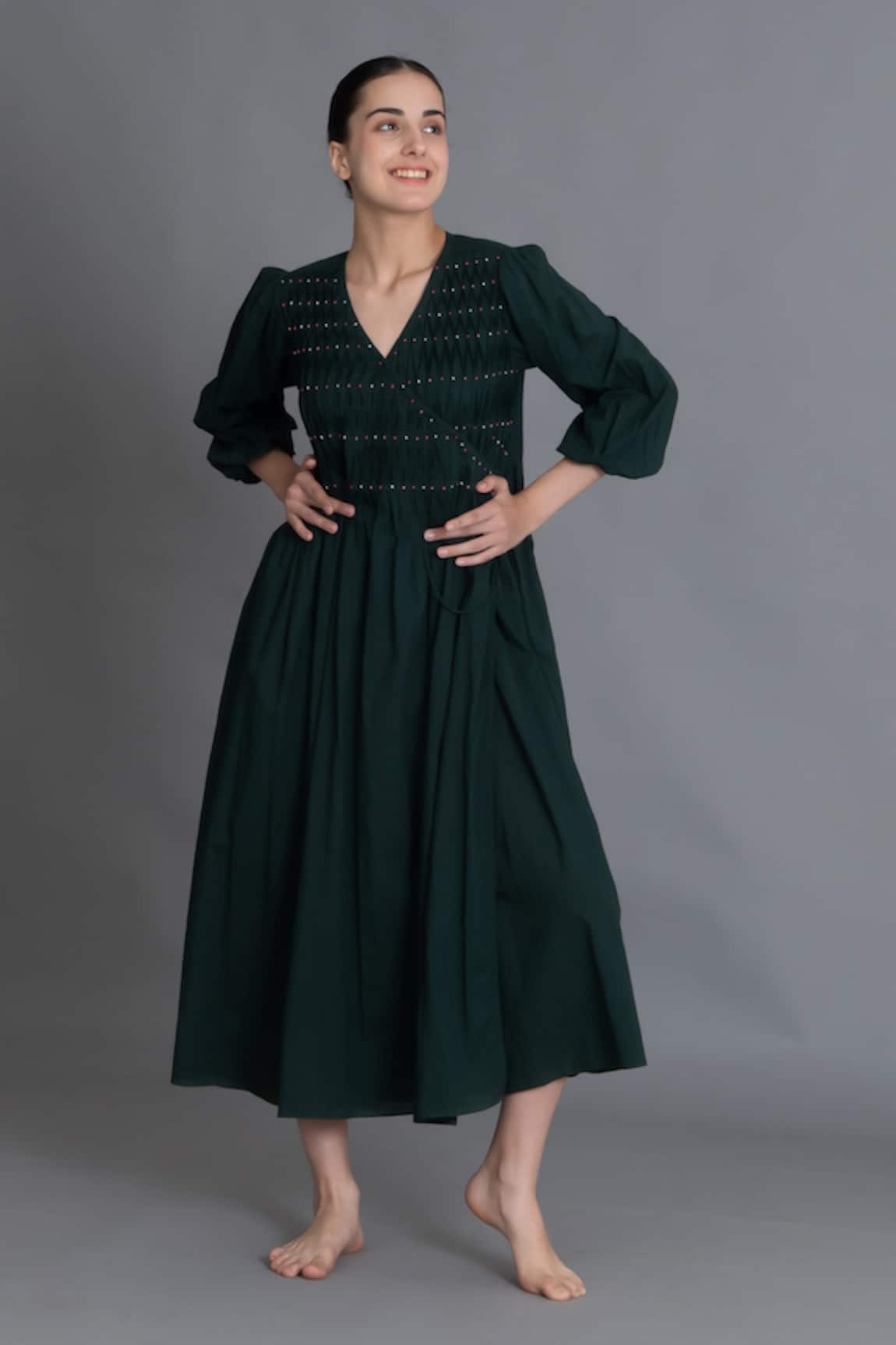 Khat Forest Green Hand Smocked Dress