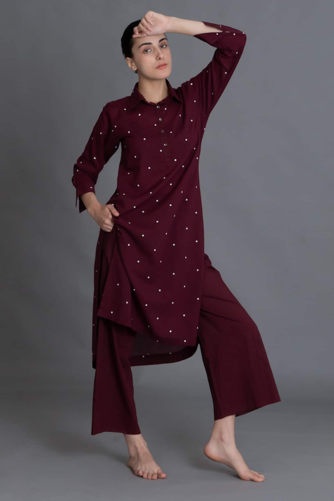 Khat Burgundy Dot Print Kurta & Pant Set