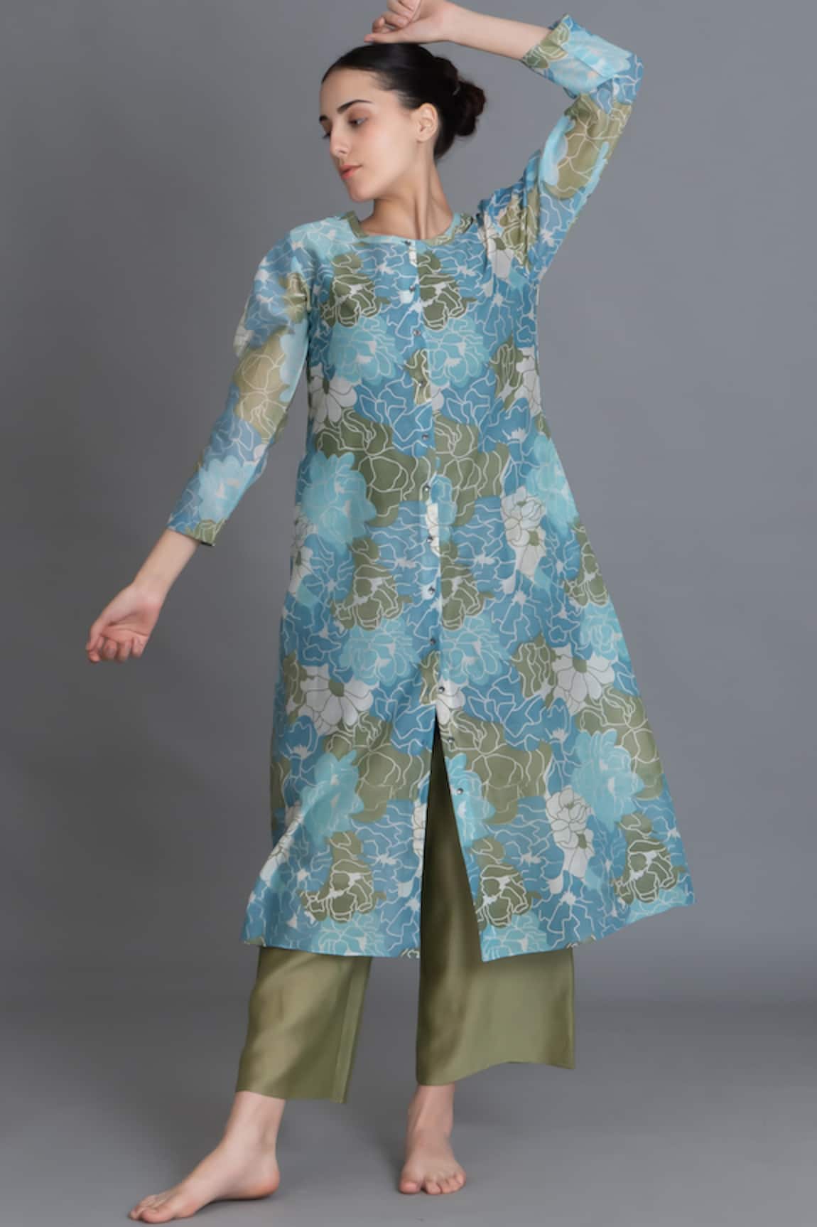 Khat Ocean Blue Floral Print Kurta & Pant Set
