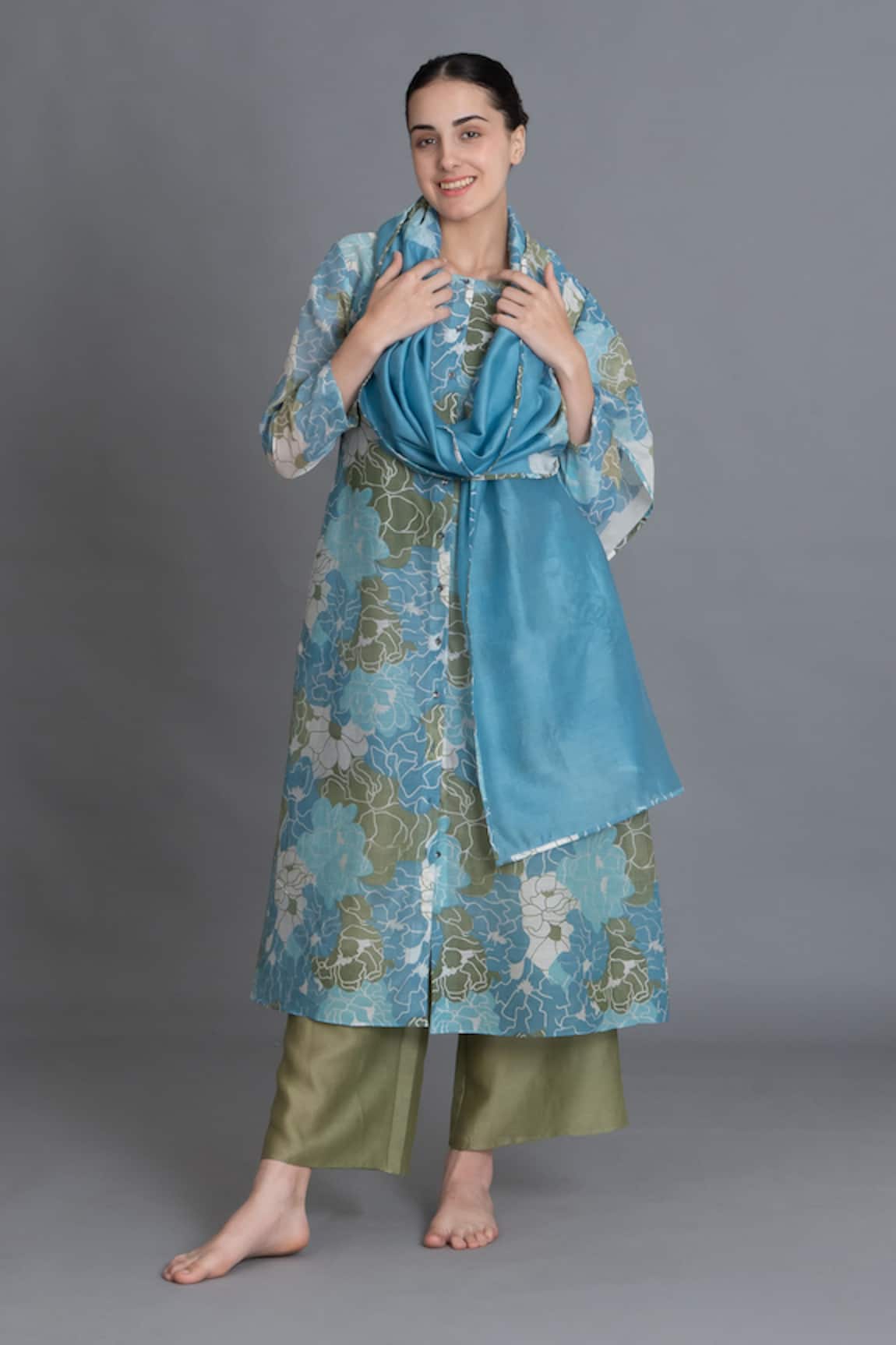 Khat Ocean Blue Floral Print Kurta Set