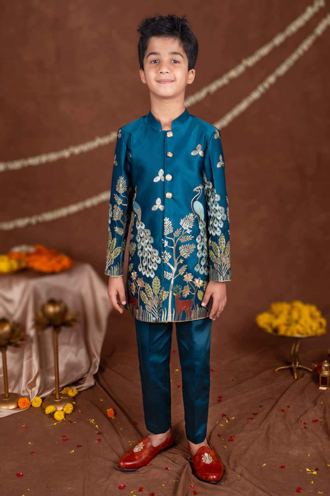 Toplove Peacock & Deer Embroidered Sherwani Set