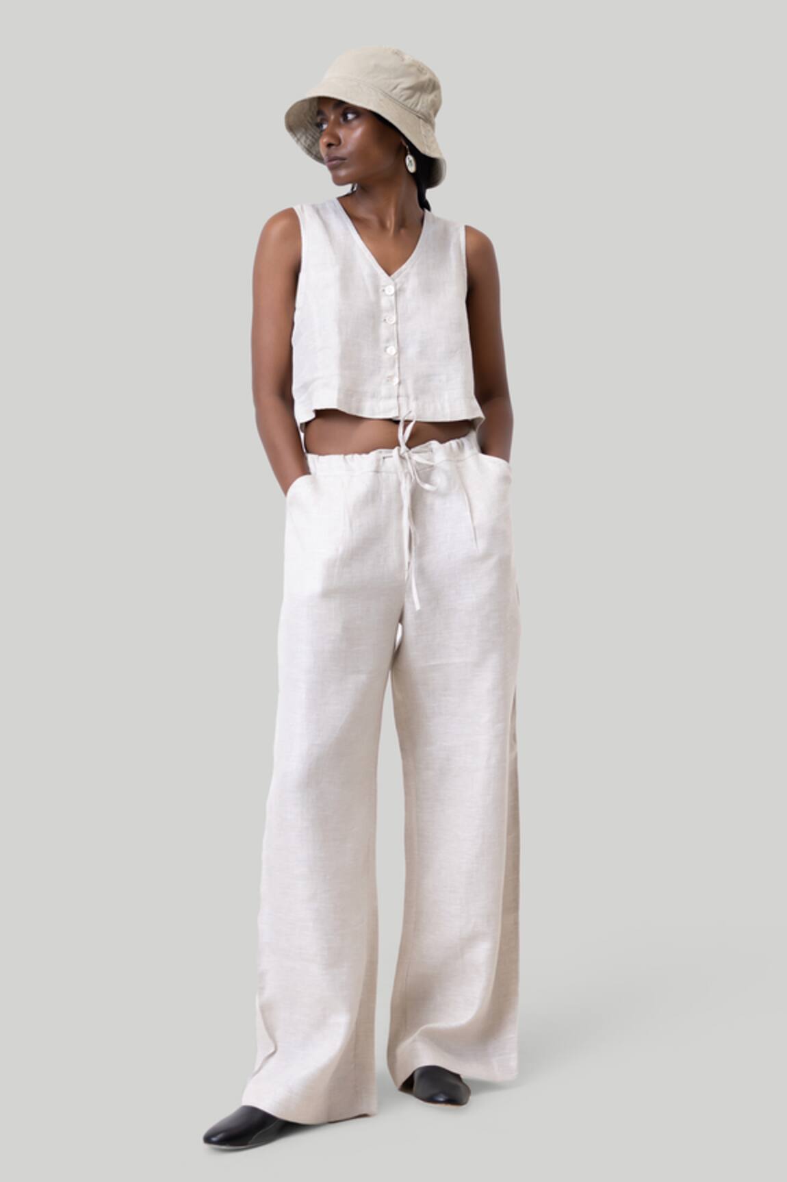 Reistor V-Neck Cropped Vest Shirt & Wide Leg Pant Set
