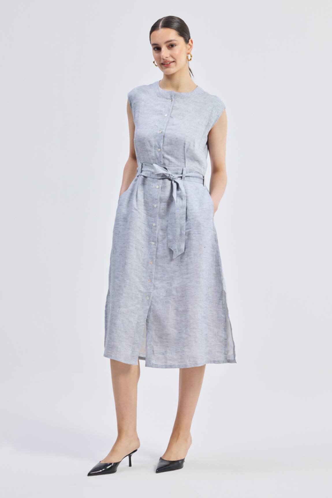 Reistor Back Cut-Out Pinstripe Linen Dress