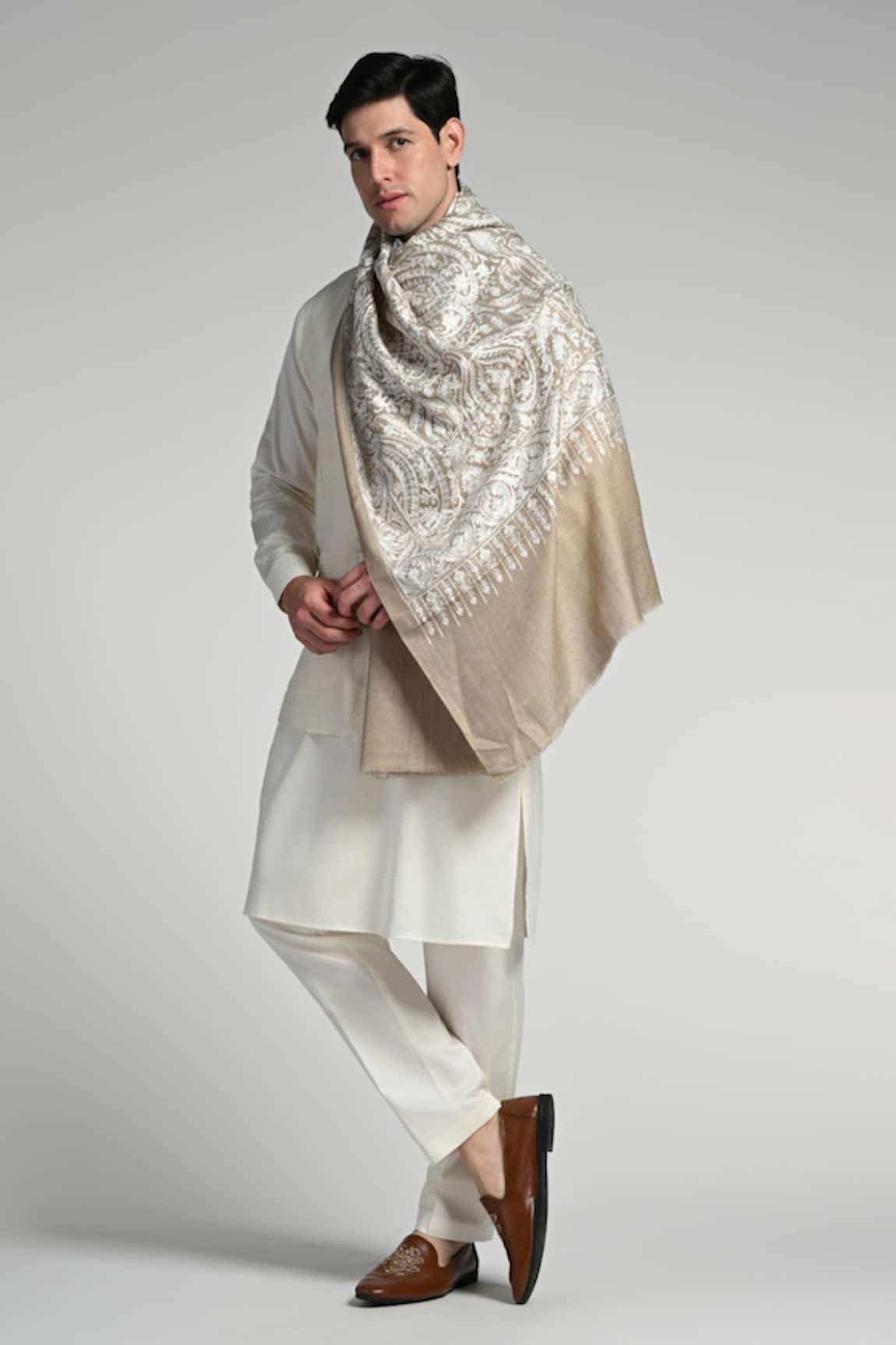 Taroob Taroob Tone on Tone Wool Silk Embroidered Stole