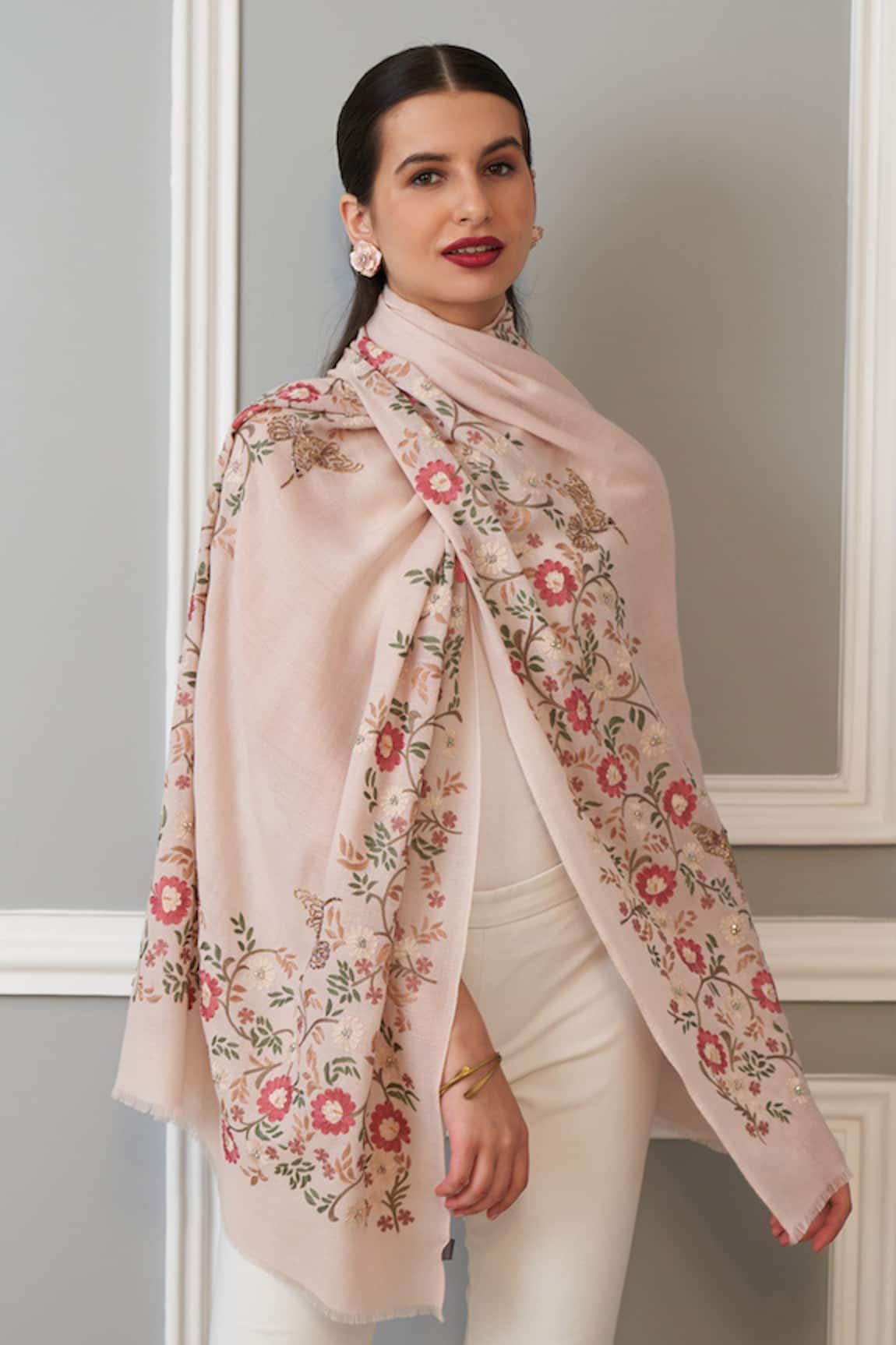 Mauli Cashmere Golden Angels Floral & Butterfly Embroidered Cashmere Stole