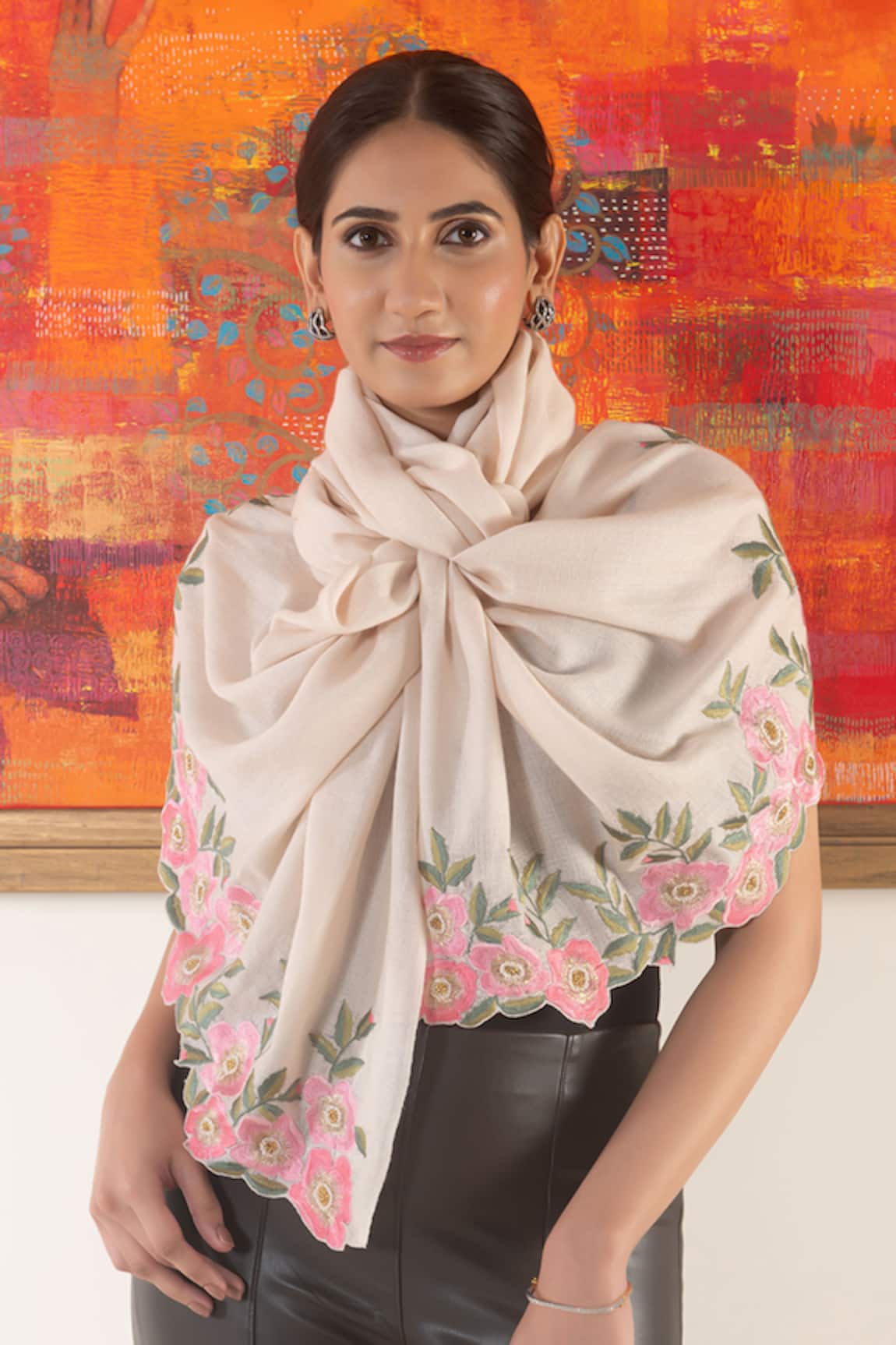 Mauli Cashmere Blush Petal Floral Embroidered Stole