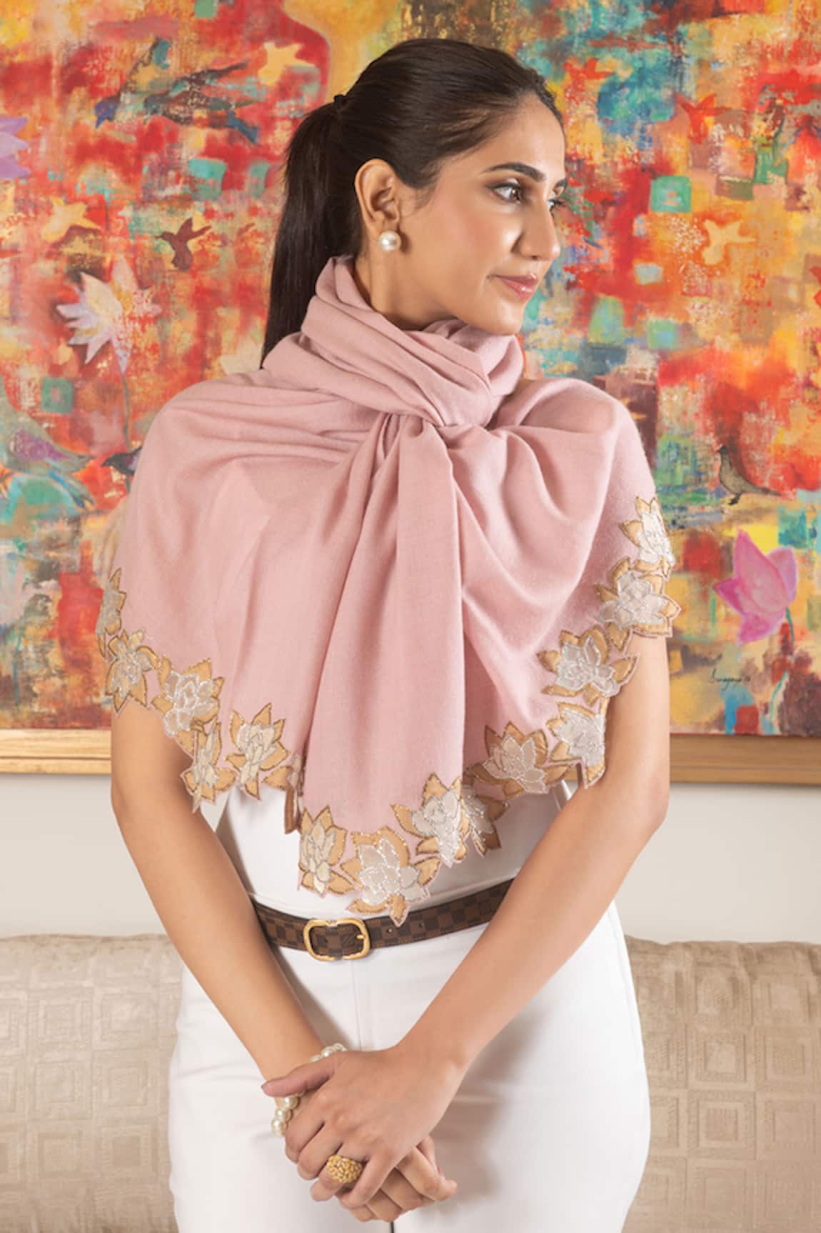 Mauli Cashmere Blush Romance Embroidered Lotus Motif Wool & Silk Stole