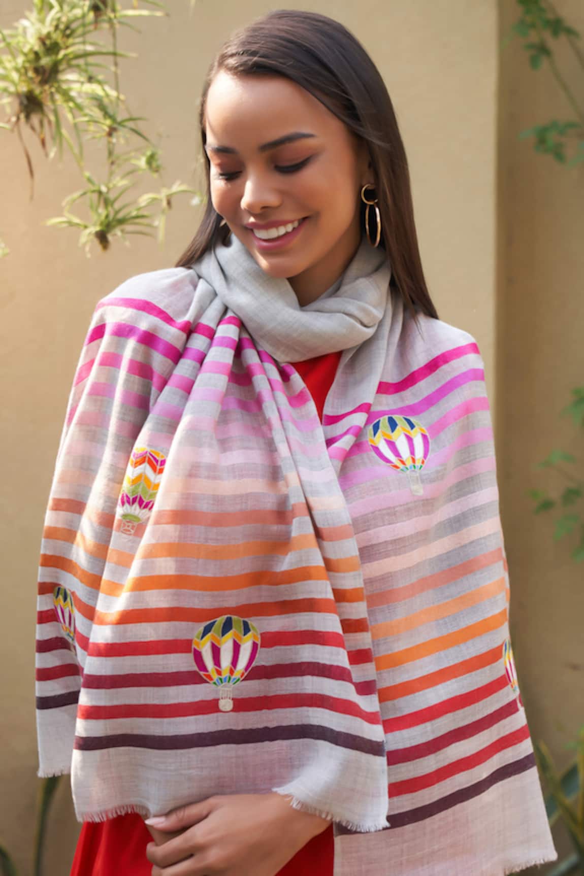Mauli Cashmere Fly Into The Sky Hot Air Balloon Embroidered Stripe Stole