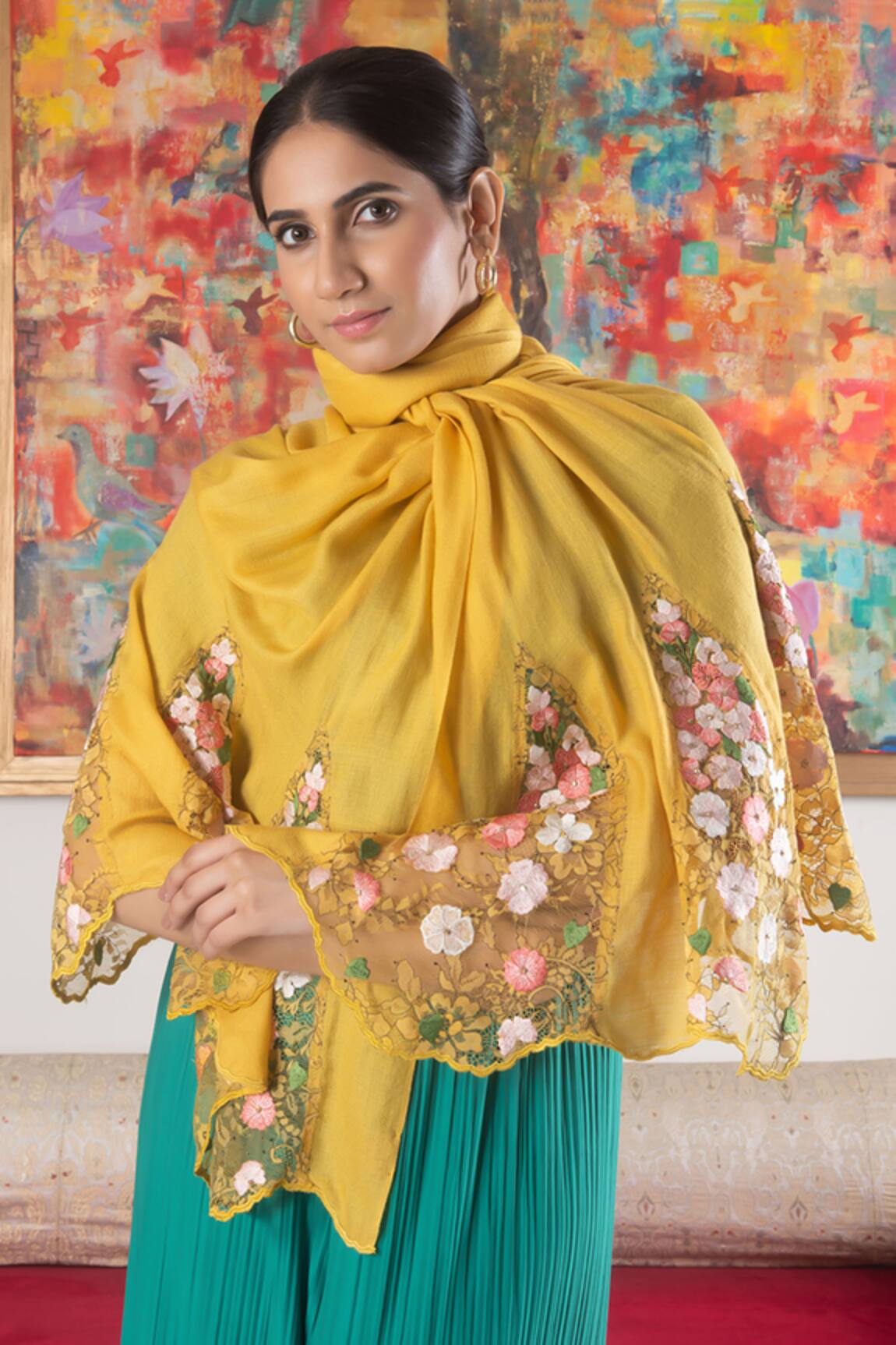 Mauli Cashmere Cherry Blossom Flounce Cherry Blossom Embroidered Wool Silk Stole