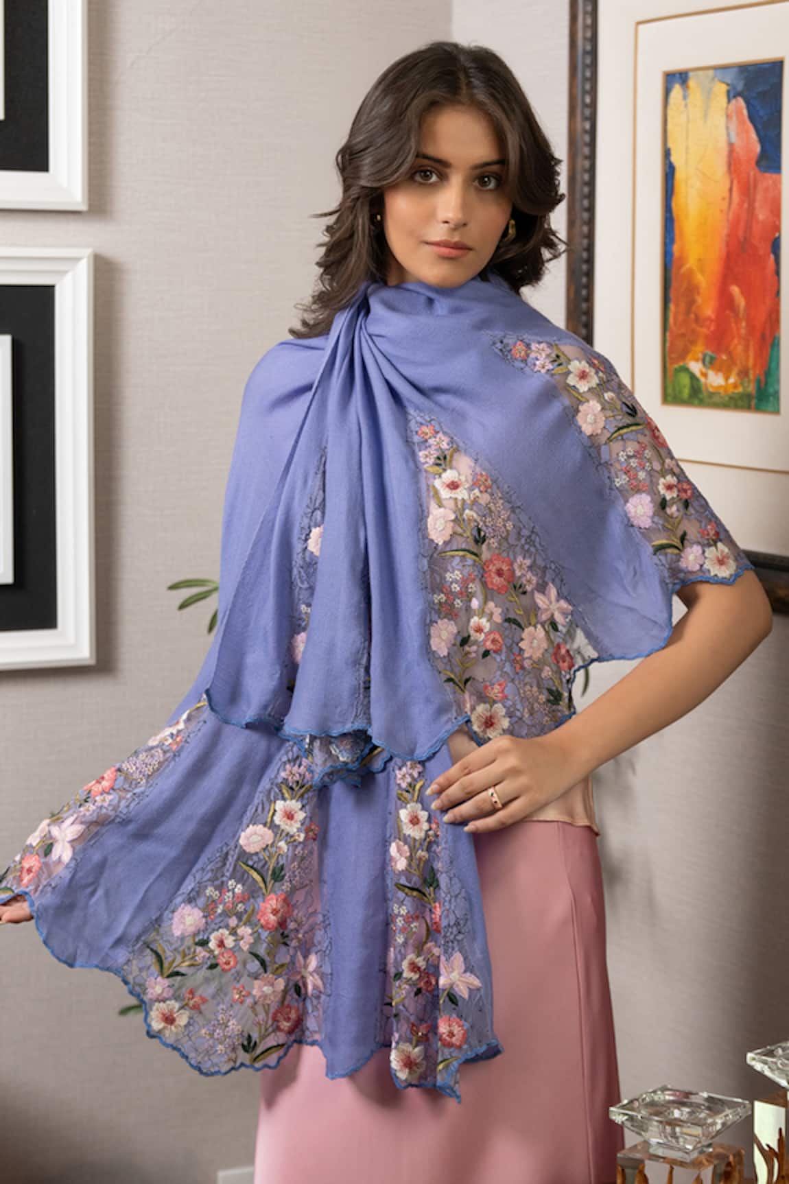 Mauli Cashmere Rose Blossom Flounce Rose Blossom Embroidered Wool Silk Stole