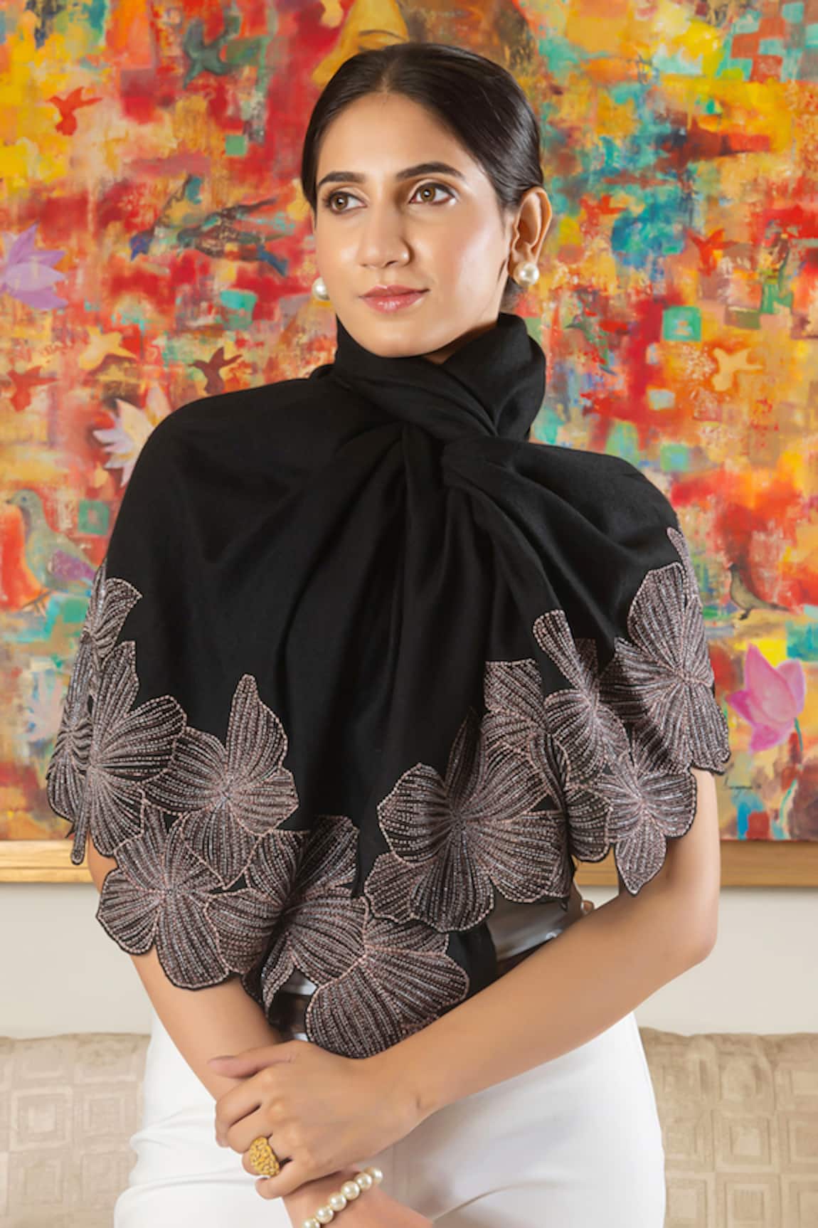 Mauli Cashmere Magnificent Blooms Floral Embroidered Stole