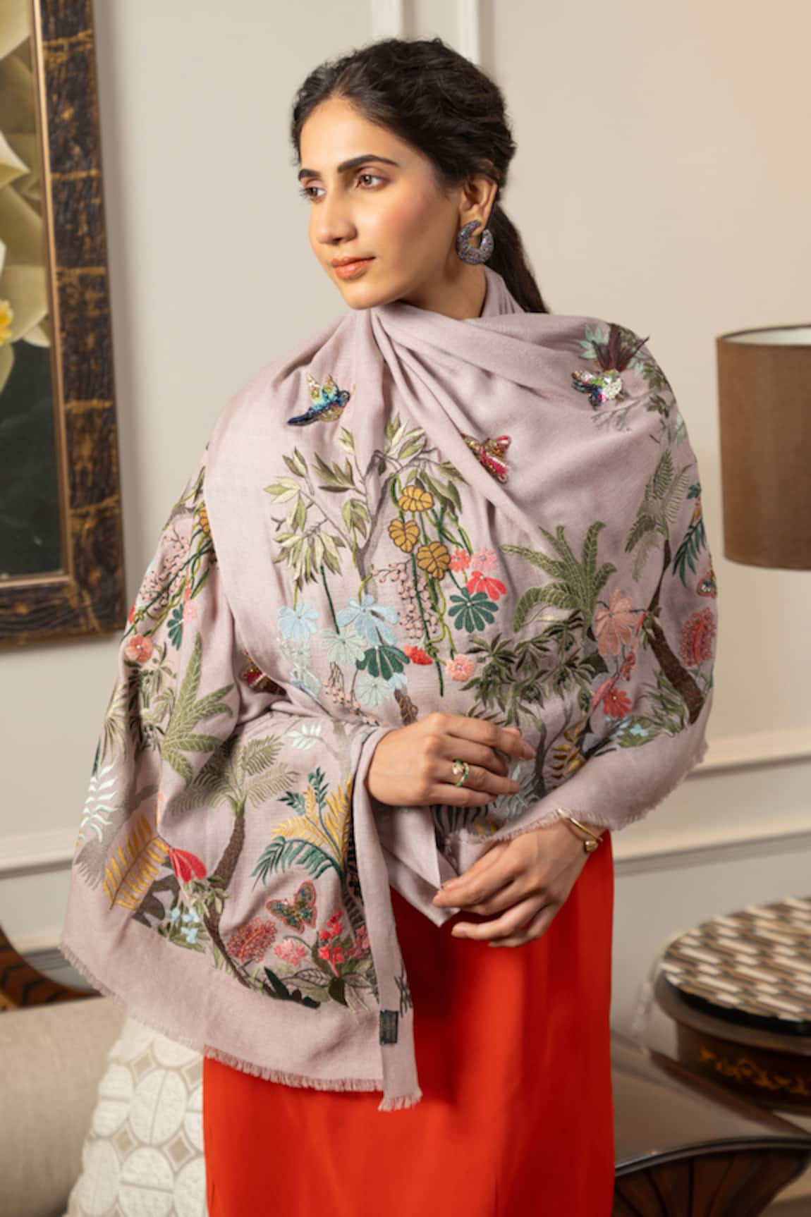 Mauli Cashmere Natures Ballet Embroidered Wool Silk Stole