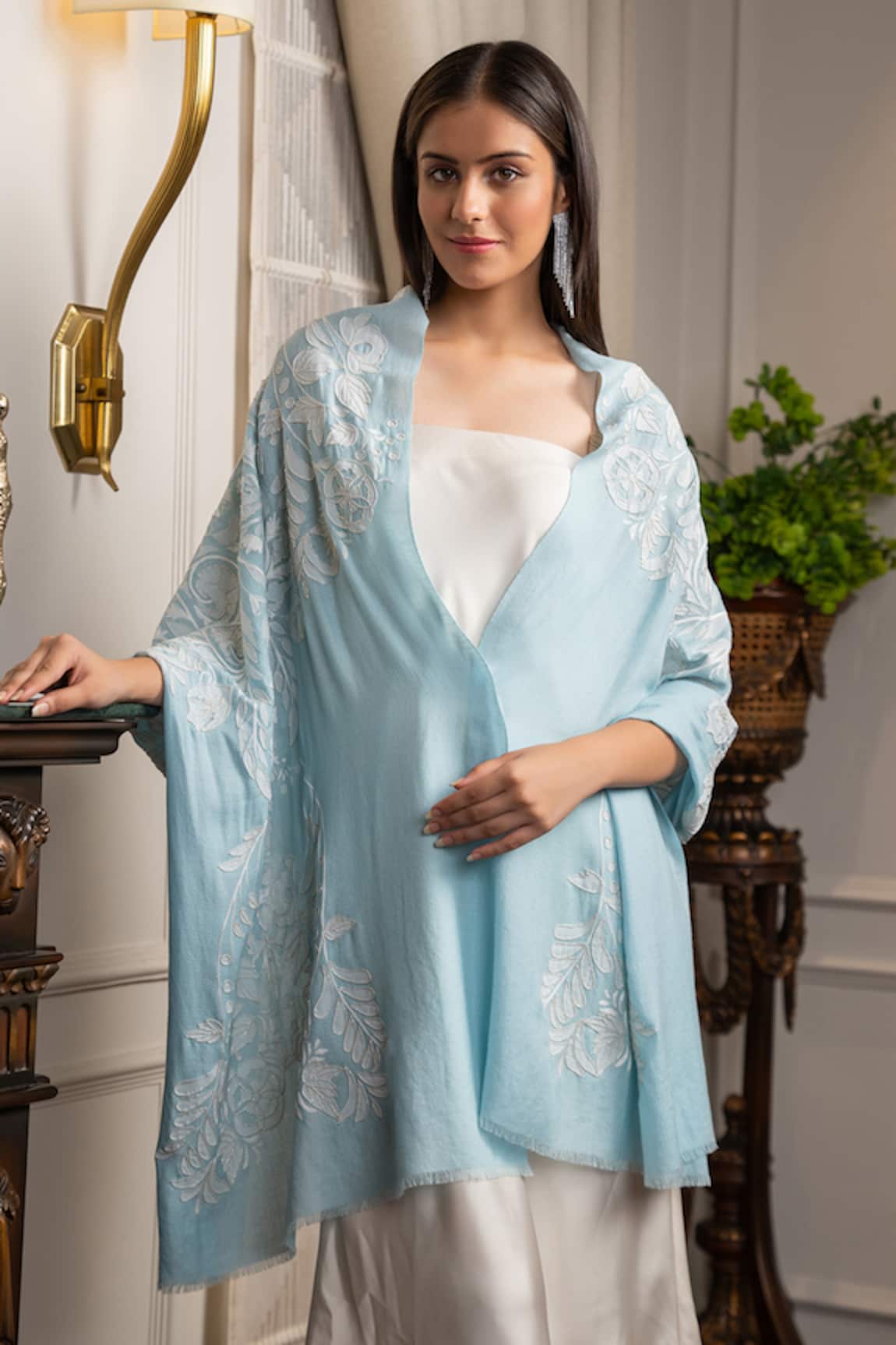 Mauli Cashmere Celestial Blue Embroidered Wool & Silk Stole