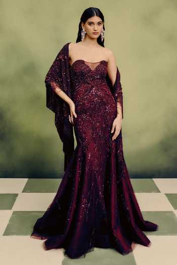 Dolly J Sangria Gown With Draped Cape 