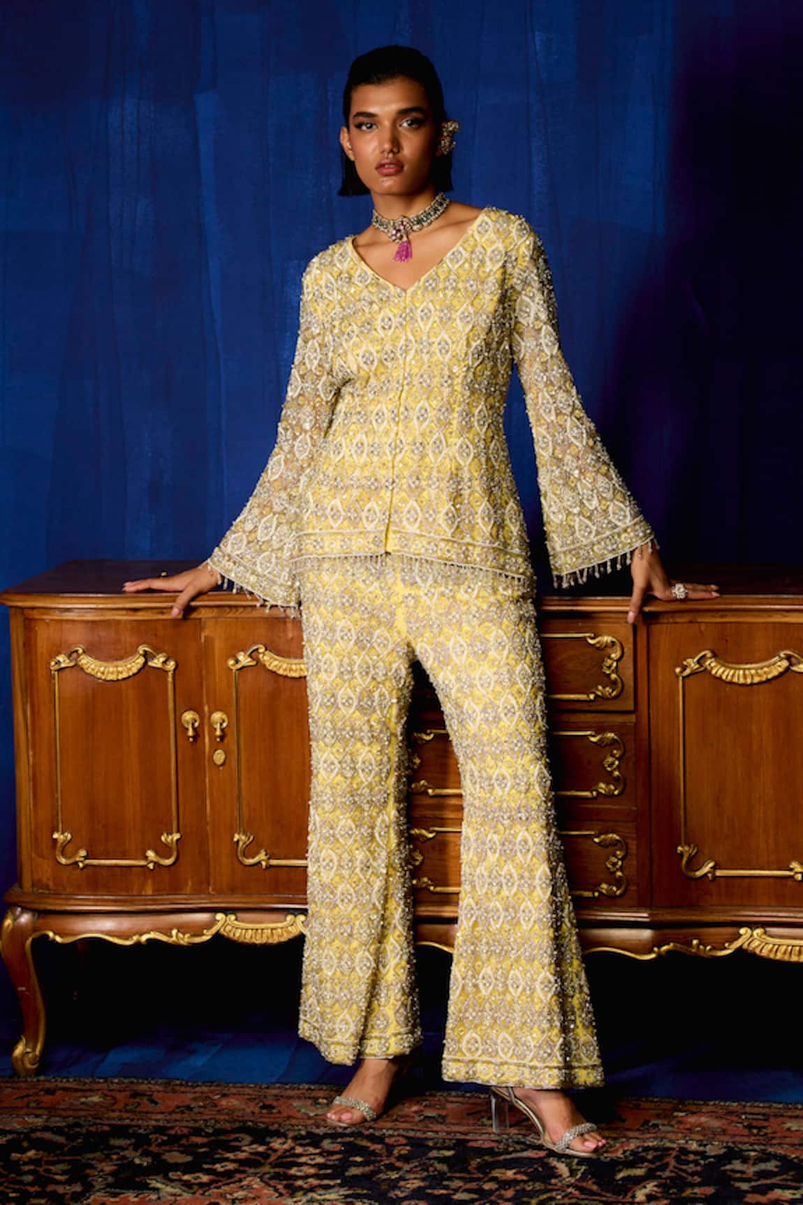 Mani Bhatia Sia Sequins & Cutdana Embroidered Jacket Pant Set