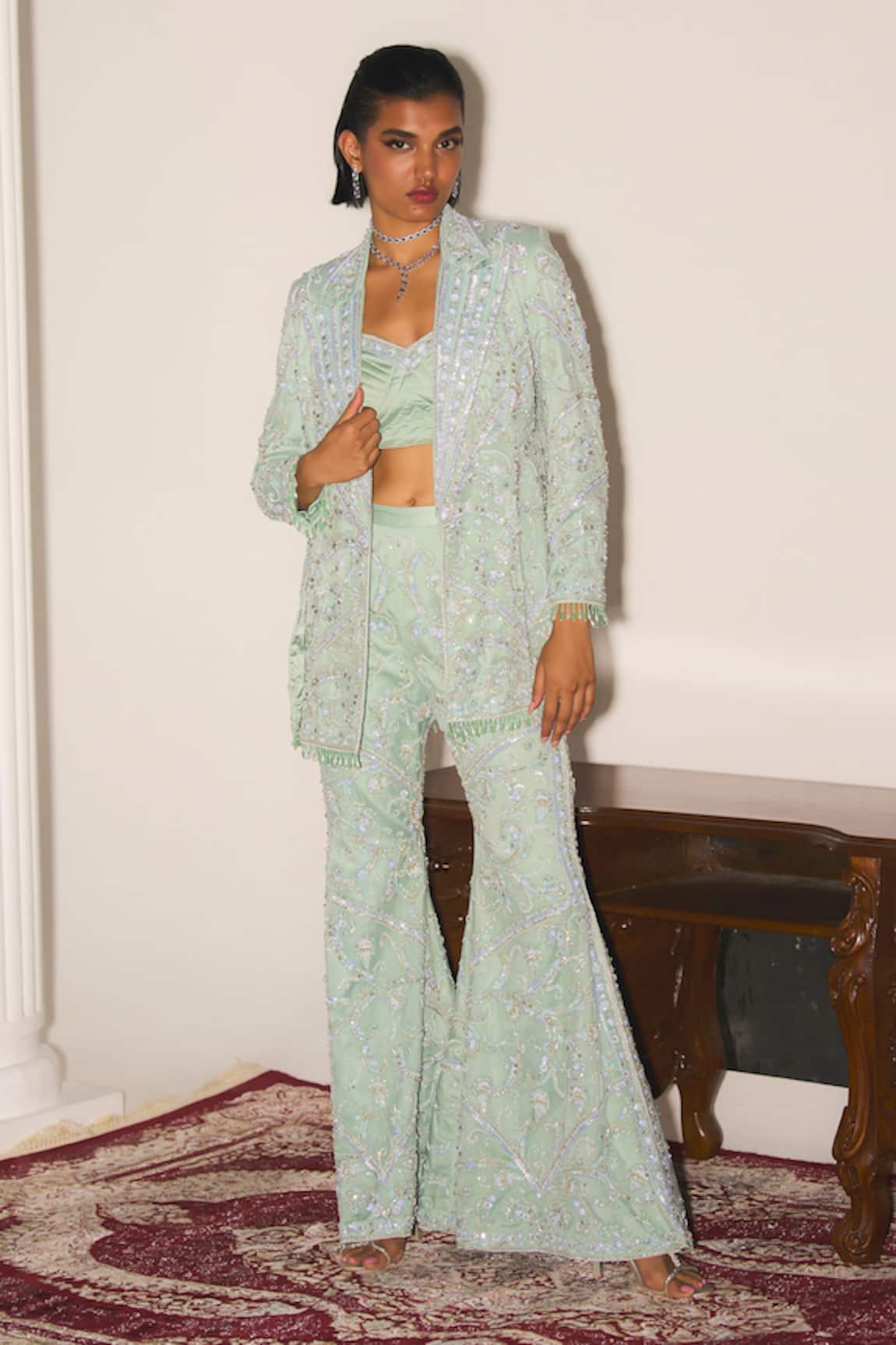 Mani Bhatia Jolie Embroidered Organza Jacket, Bustier & Sharara