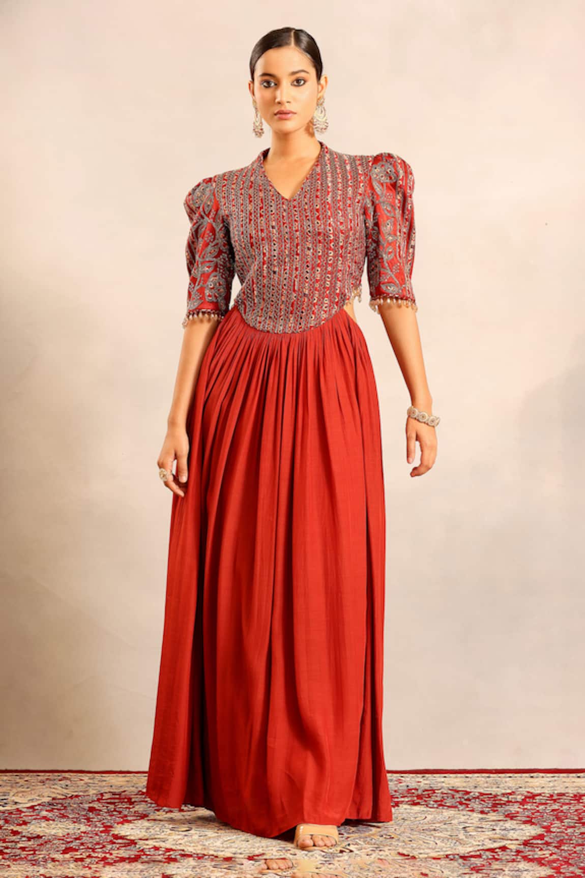 Sejal Kamdar Ajrakh Patchwork & Stripwork Gathered Dress 