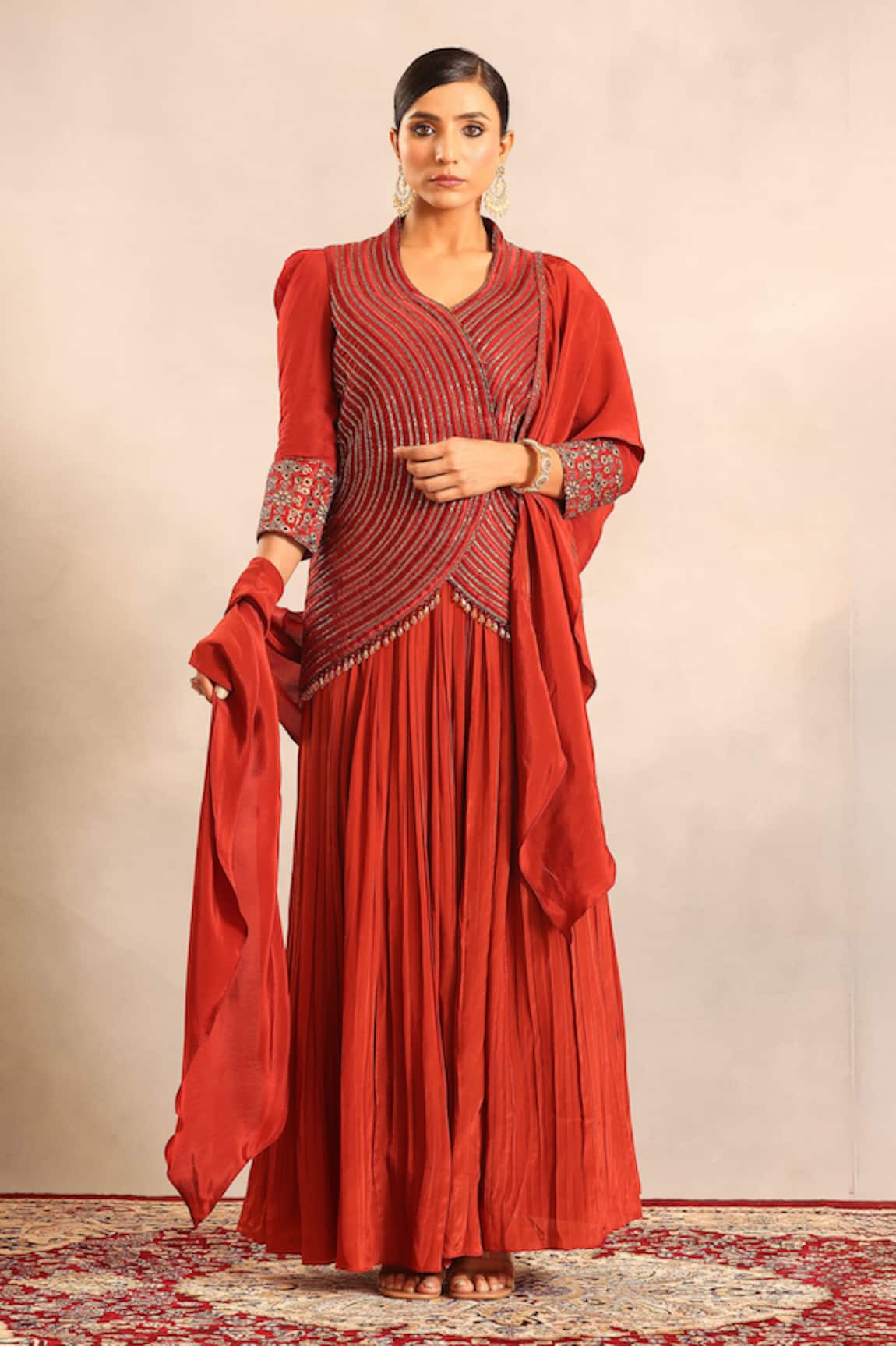 Sejal Kamdar Strip Embroidered Overlap Jacket Set 