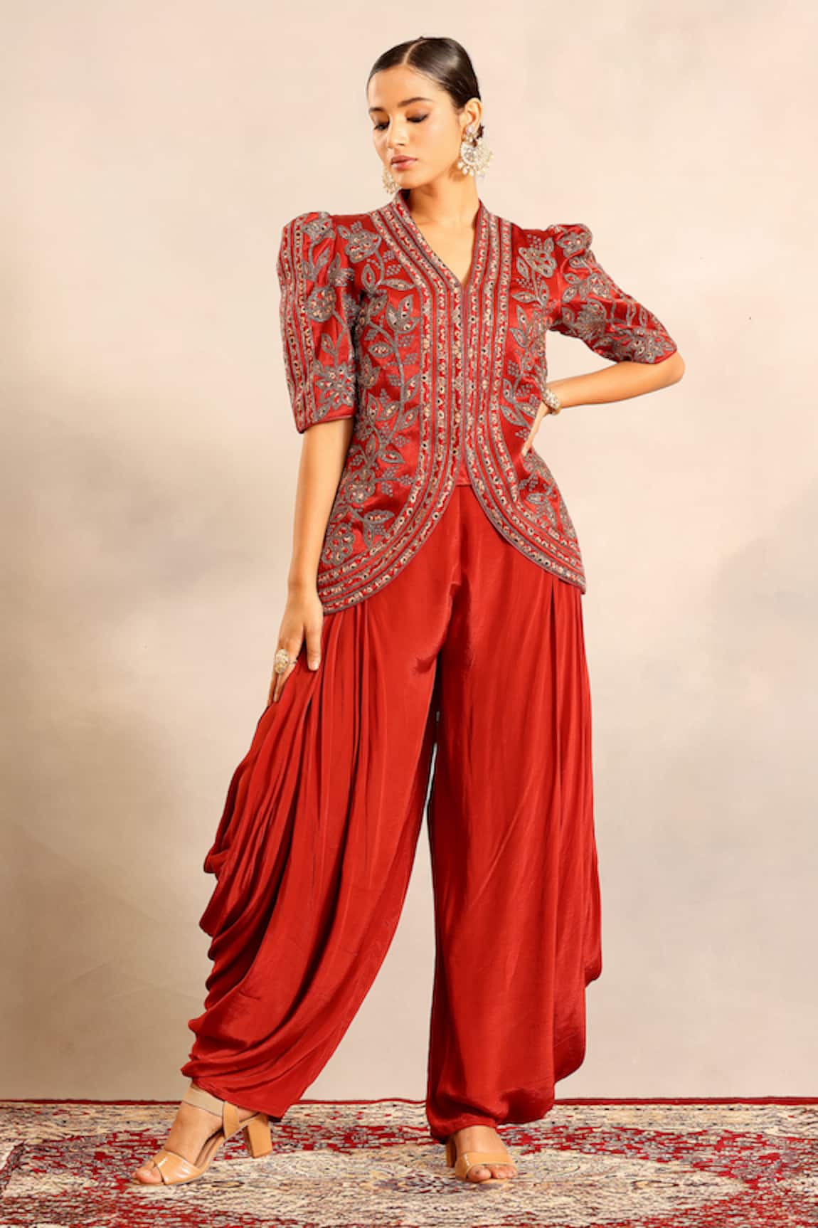 Sejal Kamdar Ajrakh Patchwork Embellished Jacket & Cowl Pant 