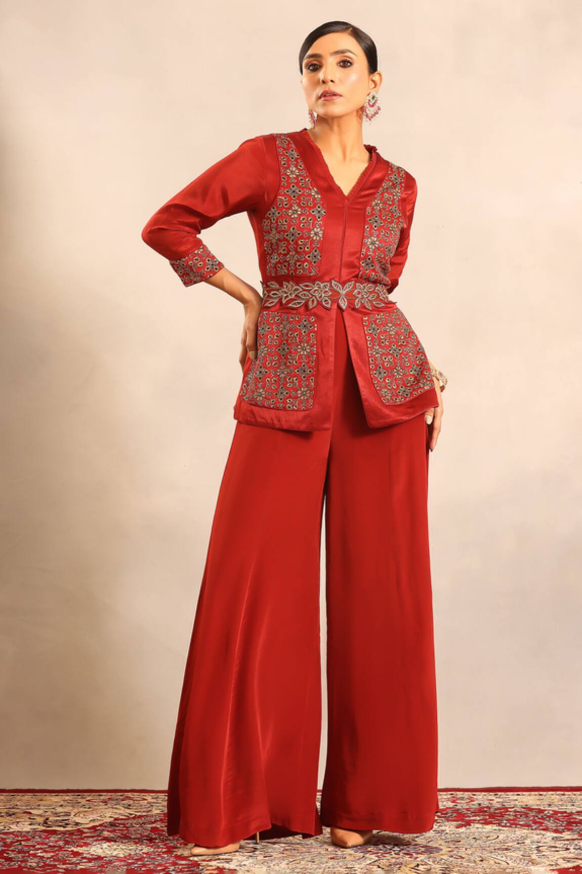 Sejal Kamdar Ajrakh Patchwork Peplum Jacket & Flared Pant 