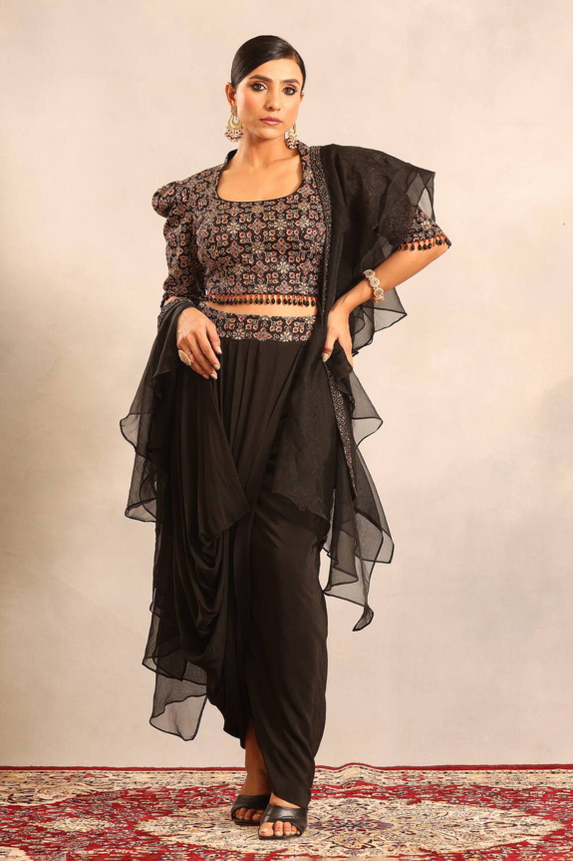 Sejal Kamdar Ajrakh Embellished Blouse & Drape Skirt Set 