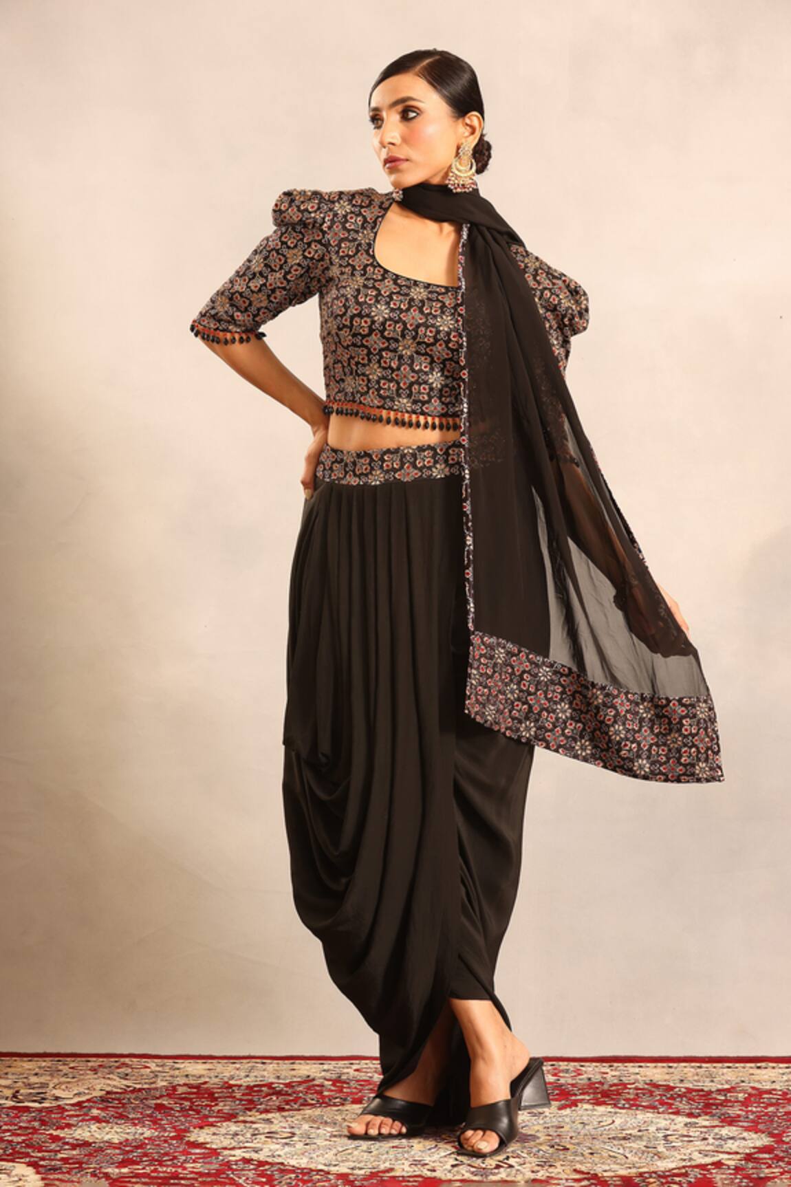 Sejal Kamdar Ajrakh Blouse, Dhoti Skirt & Dupatta Set 