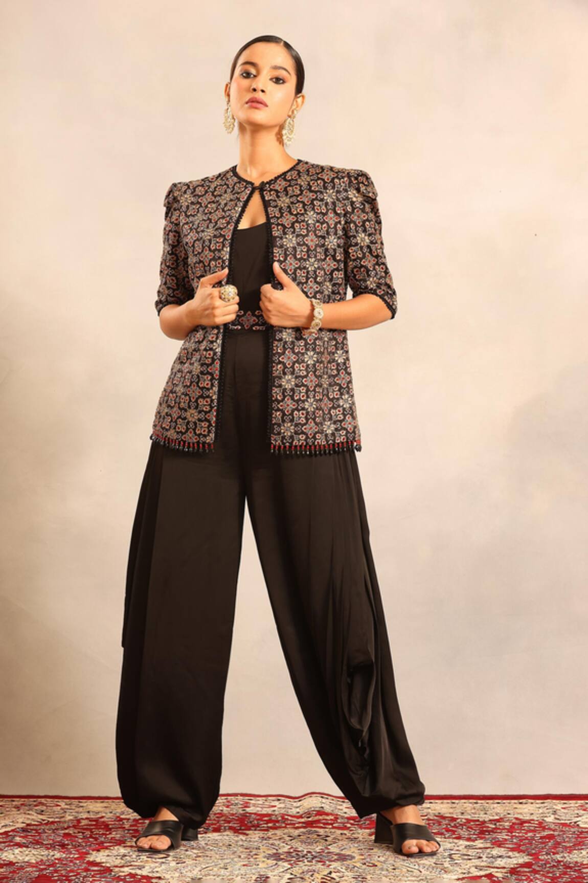 Sejal Kamdar Ajrakh Embellished Jacket & Cowl Jumpsuit 