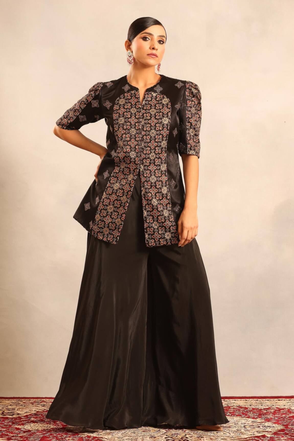 Sejal Kamdar Ajrakh Patchwork Peplum Jacket & Flared Pant 