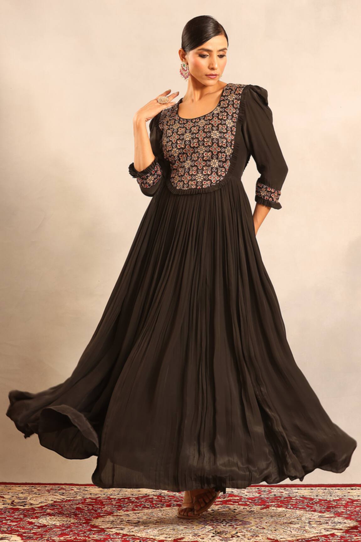 Sejal Kamdar Ajrakh Gathered Dress With Cut Pipe Embellishment 