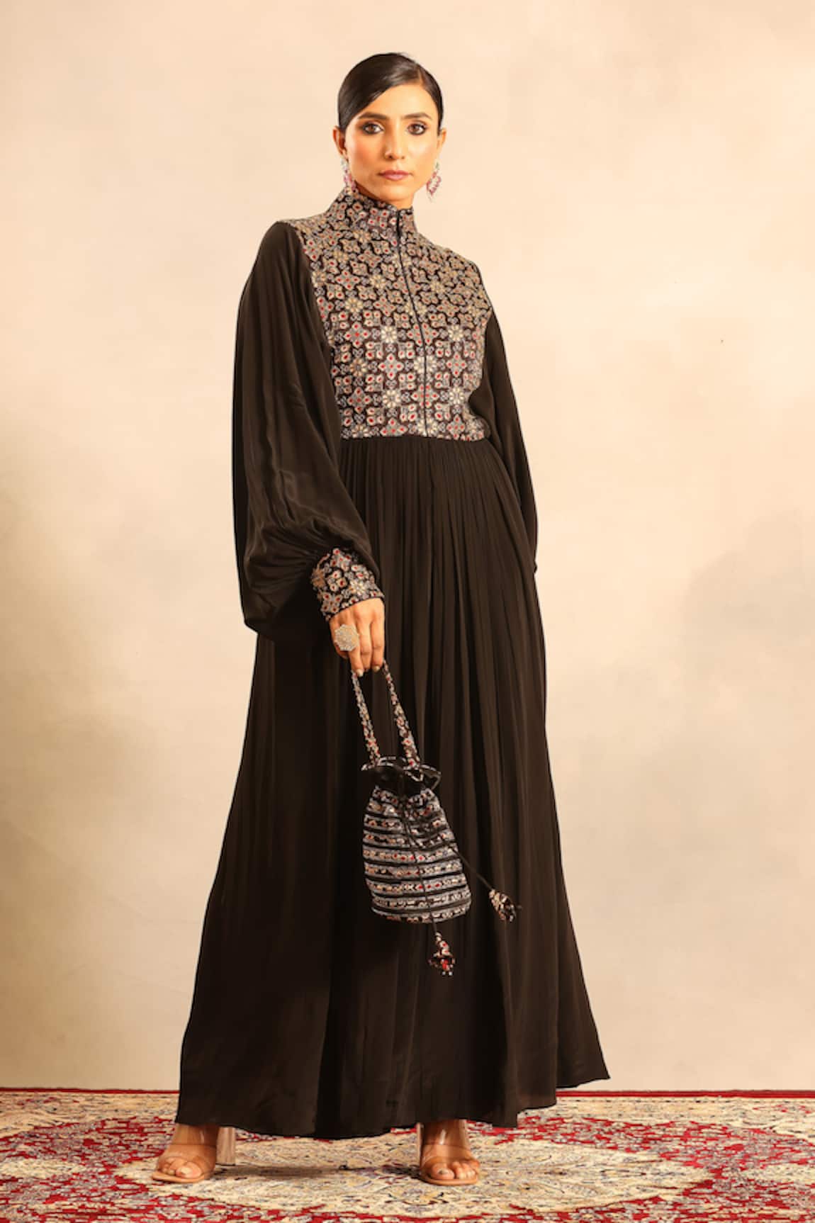 Sejal Kamdar Ajrakh Embellished Yoke Butterfly Sleeve Dress 