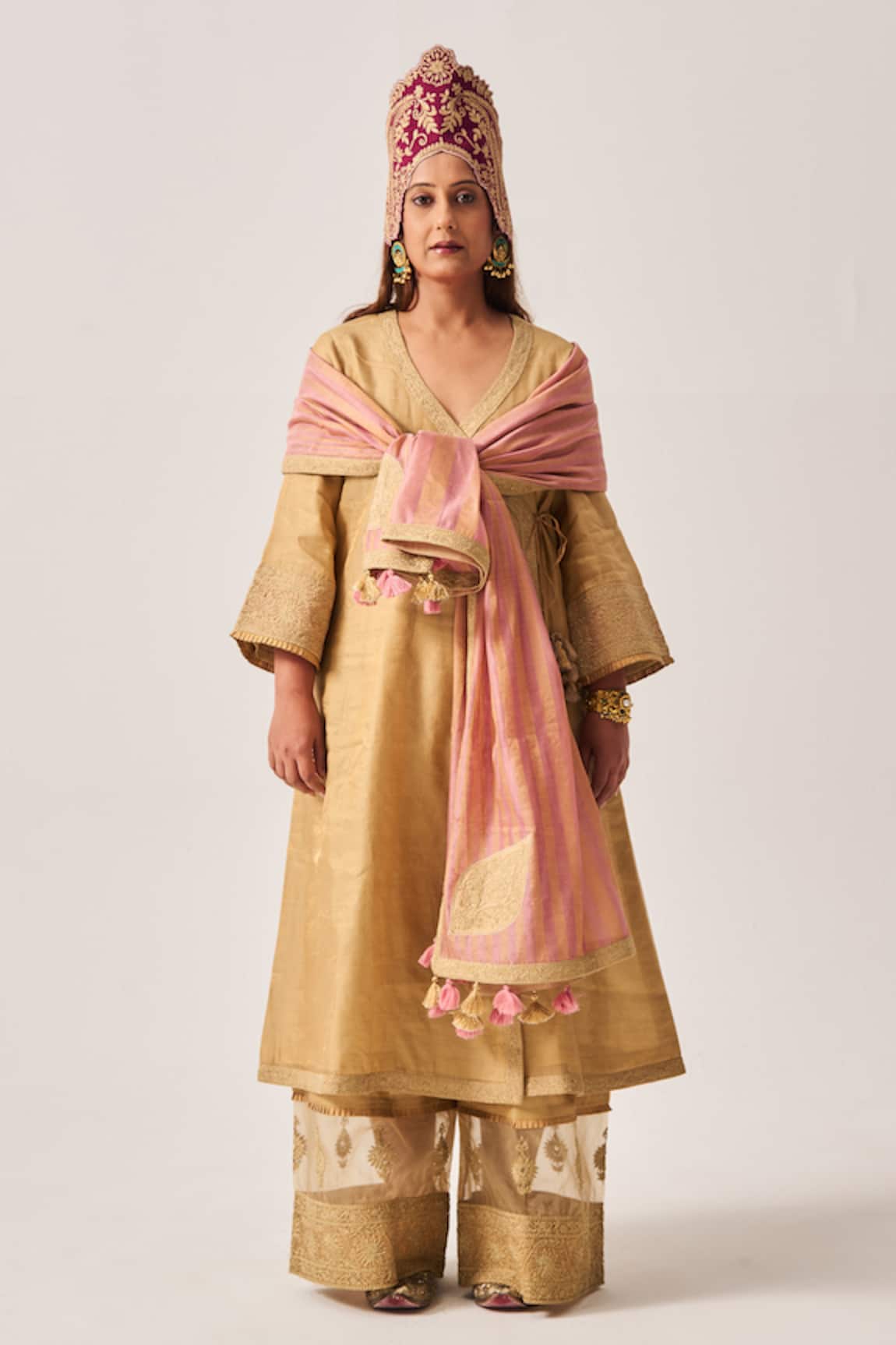 Wabi Sabi By Anshum-Ritesh Golden Bloom Chanderi Angrakha Anarkali, Pant & Dupatta Set 