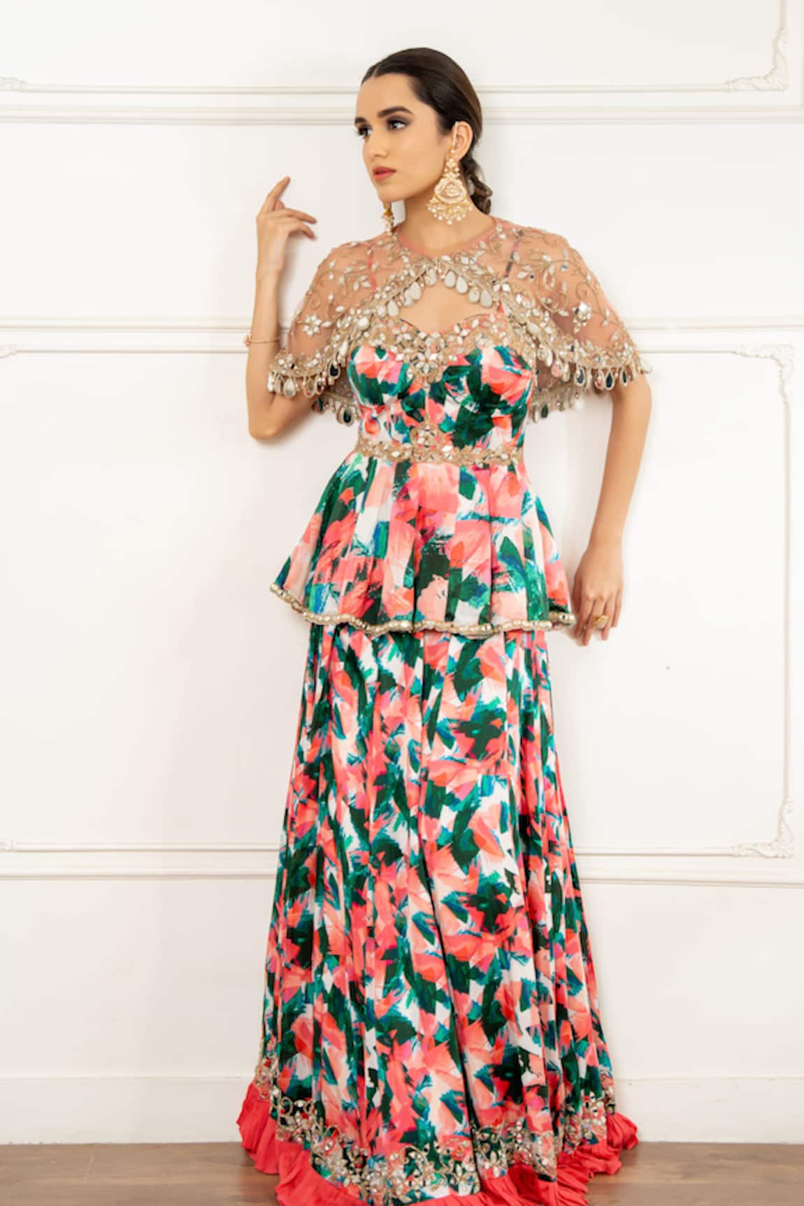 Akanksha Mago Hand Embroidered Cape & Lehenga Set