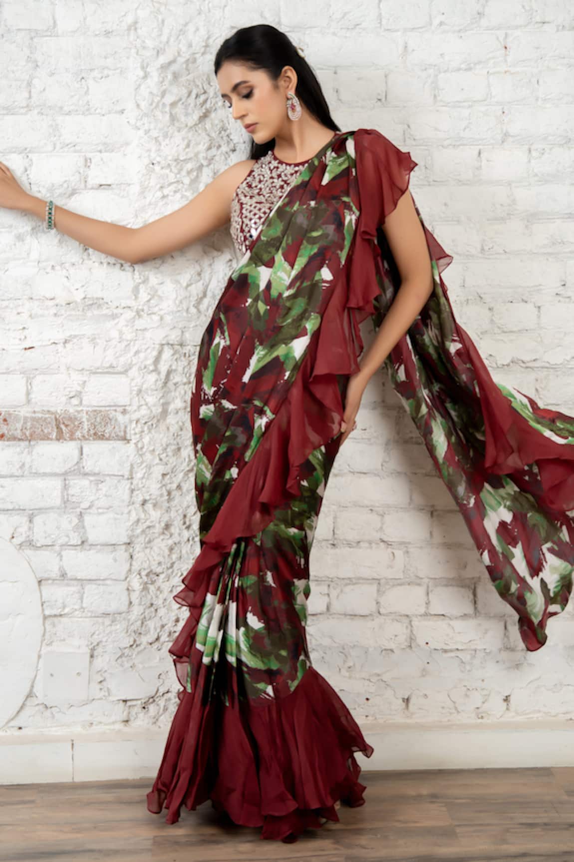 Akanksha Mago Printed Ruffled Pre-Draped Saree & Blouse Set
