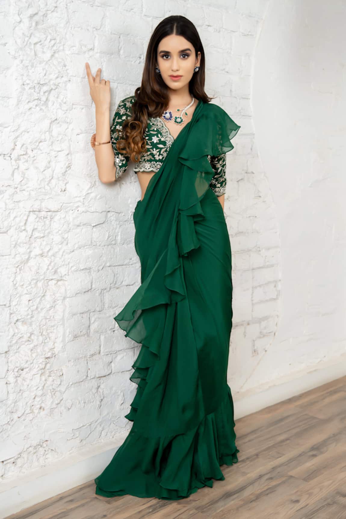 Akanksha Mago Ruffle Pre-Draped Saree & Embroidered Blouse Set